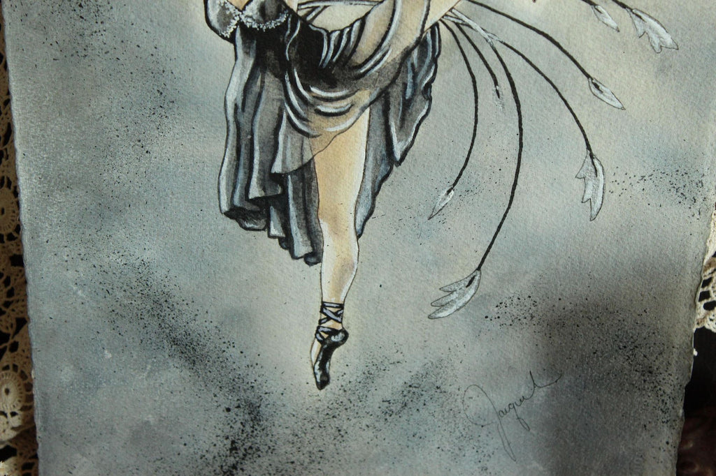 Original 15"x12" Acrylic Artwork Painting, Black Ballet Fairy Fantasy Art, "Ballerina"