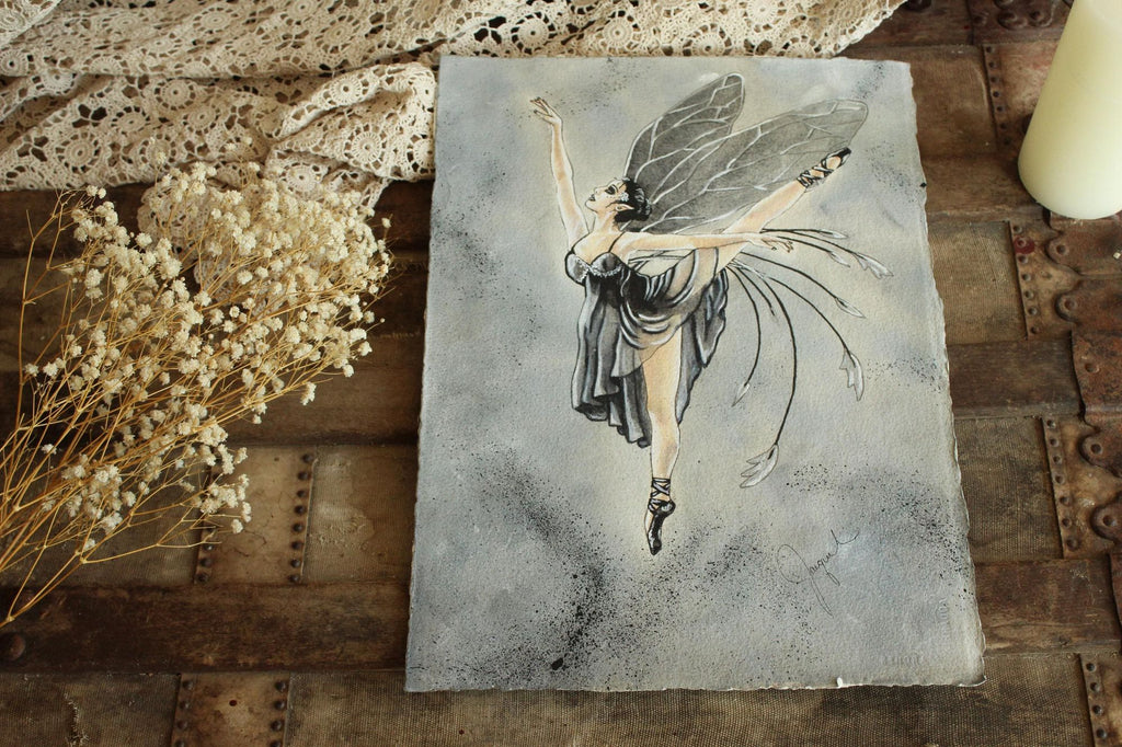 Original 15"x12" Acrylic Artwork Painting, Black Ballet Fairy Fantasy Art, "Ballerina"