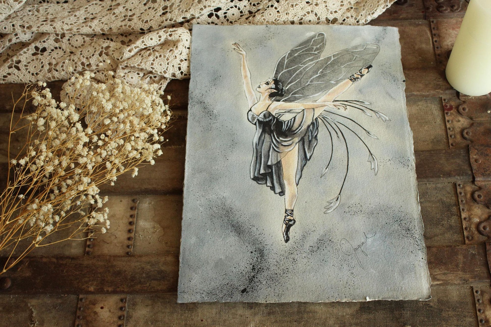 Original 15"x12" Acrylic Artwork Painting, Black Ballet Fairy Fantasy Art, "Ballerina"