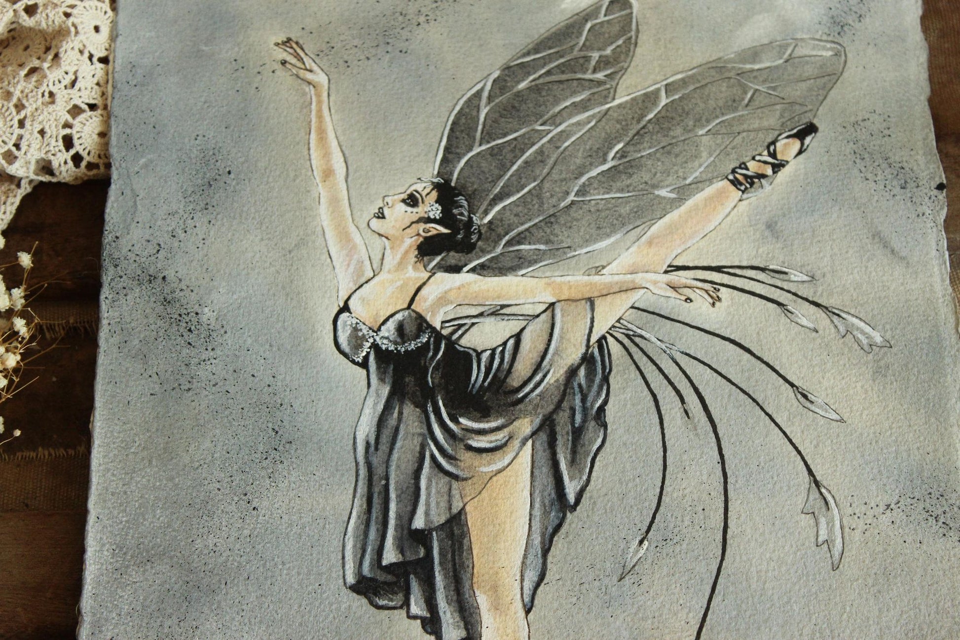 Original 15"x12" Acrylic Artwork Painting, Black Ballet Fairy Fantasy Art, "Ballerina"
