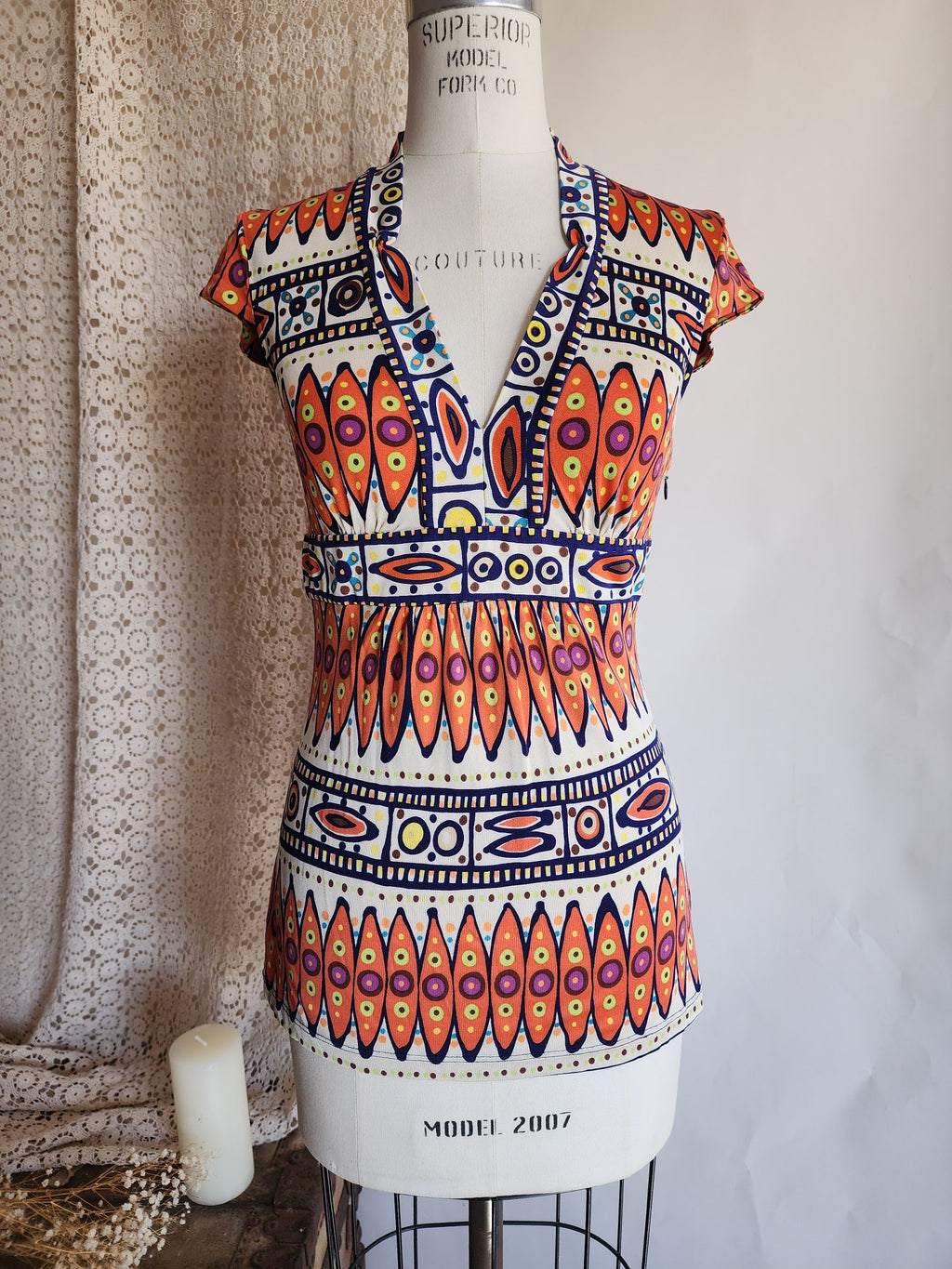 Trina Turk Womens Cricket Blouse, Silk,  Size 0, Tribal Pattern in Orange and Navy