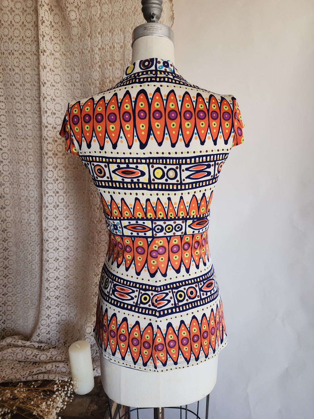 Trina Turk Womens Cricket Blouse, Silk,  Size 0, Tribal Pattern in Orange and Navy