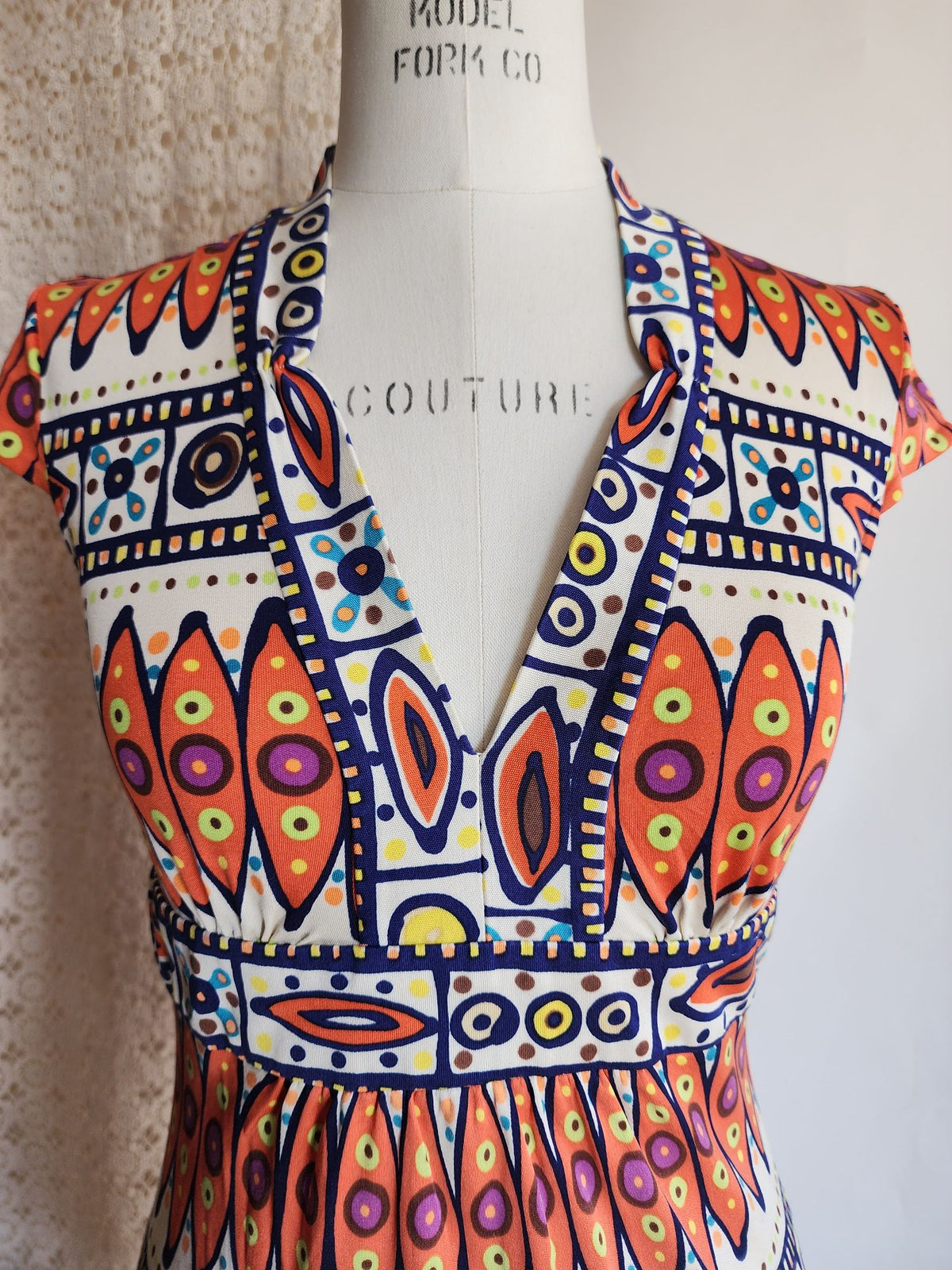 Trina Turk Womens Cricket Blouse, Silk,  Size 0, Tribal Pattern in Orange and Navy