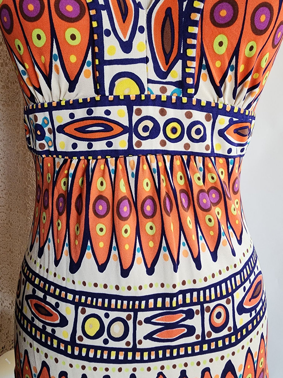 Trina Turk Womens Cricket Blouse, Silk,  Size 0, Tribal Pattern in Orange and Navy