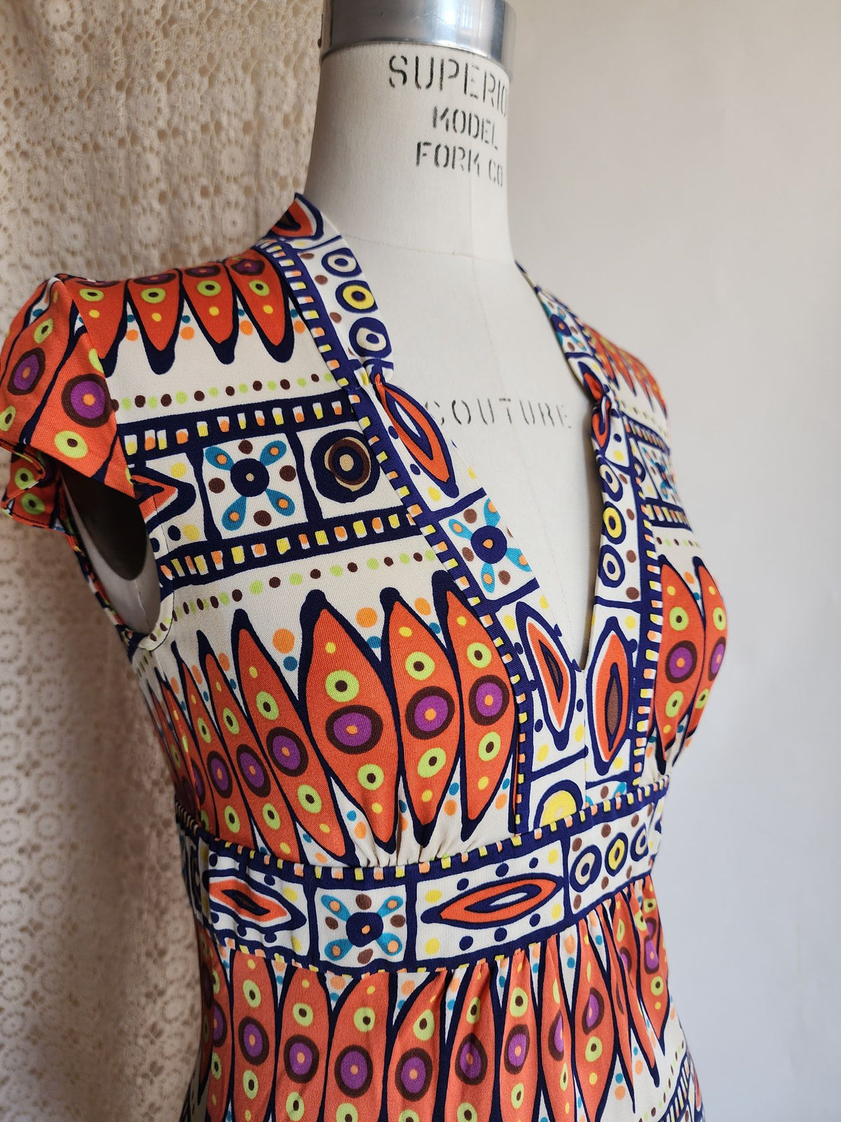 Trina Turk Womens Cricket Blouse, Silk,  Size 0, Tribal Pattern in Orange and Navy