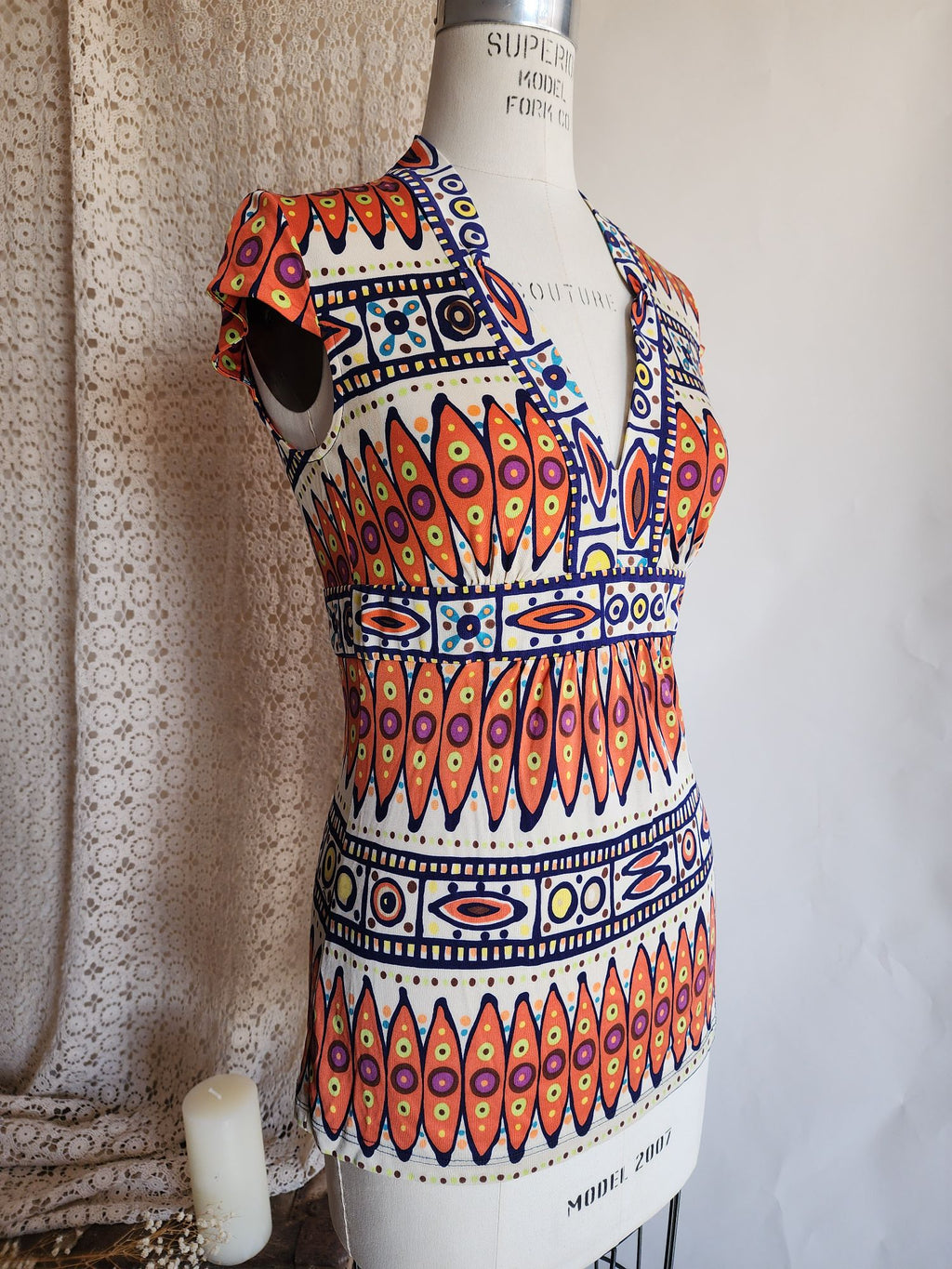 Trina Turk Womens Cricket Blouse, Silk,  Size 0, Tribal Pattern in Orange and Navy