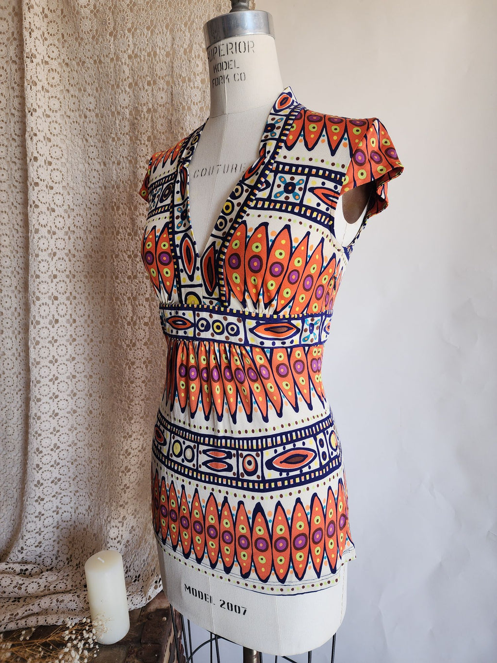 Trina Turk Womens Cricket Blouse, Silk,  Size 0, Tribal Pattern in Orange and Navy