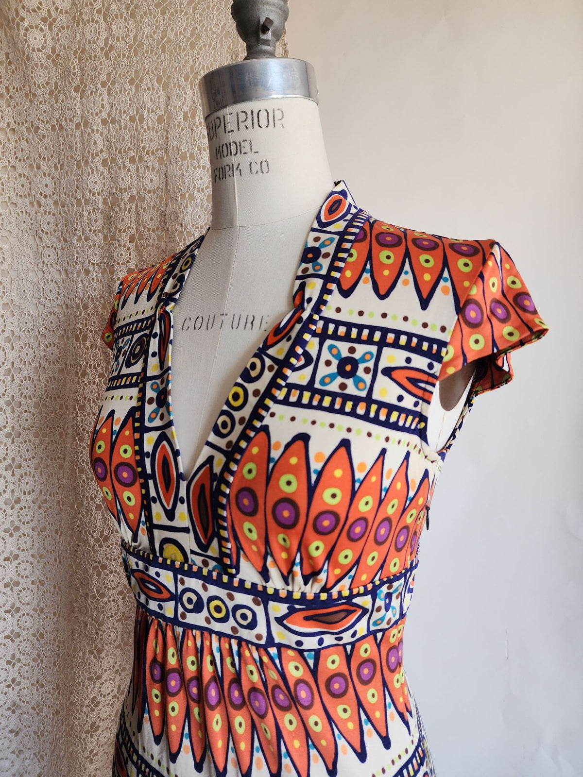Trina Turk Womens Cricket Blouse, Silk,  Size 0, Tribal Pattern in Orange and Navy