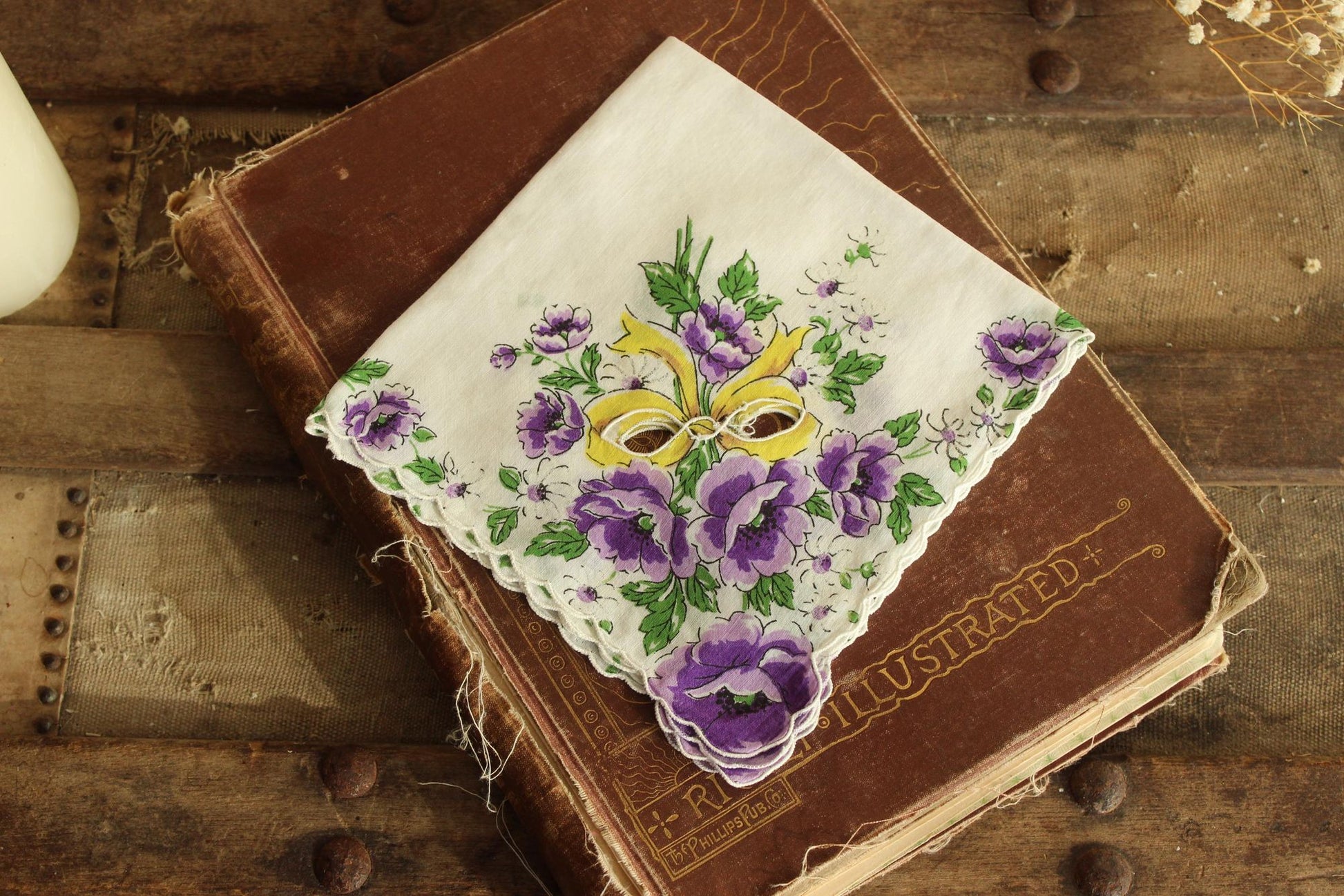 Vintage 1950s Purple Roses with Yellow Ribbon Handkerchief