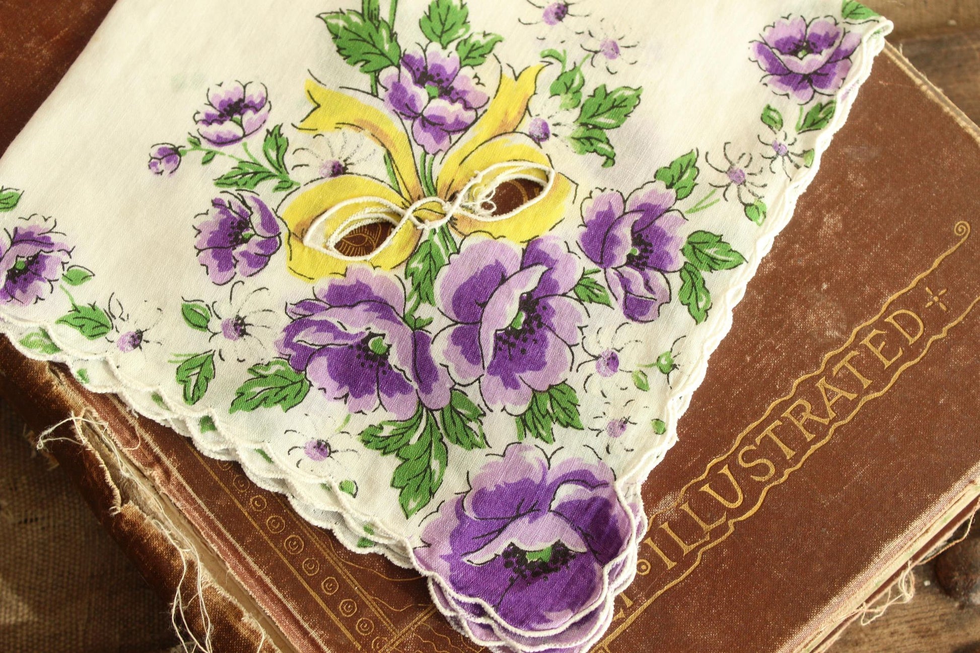 Vintage 1950s Purple Roses with Yellow Ribbon Handkerchief