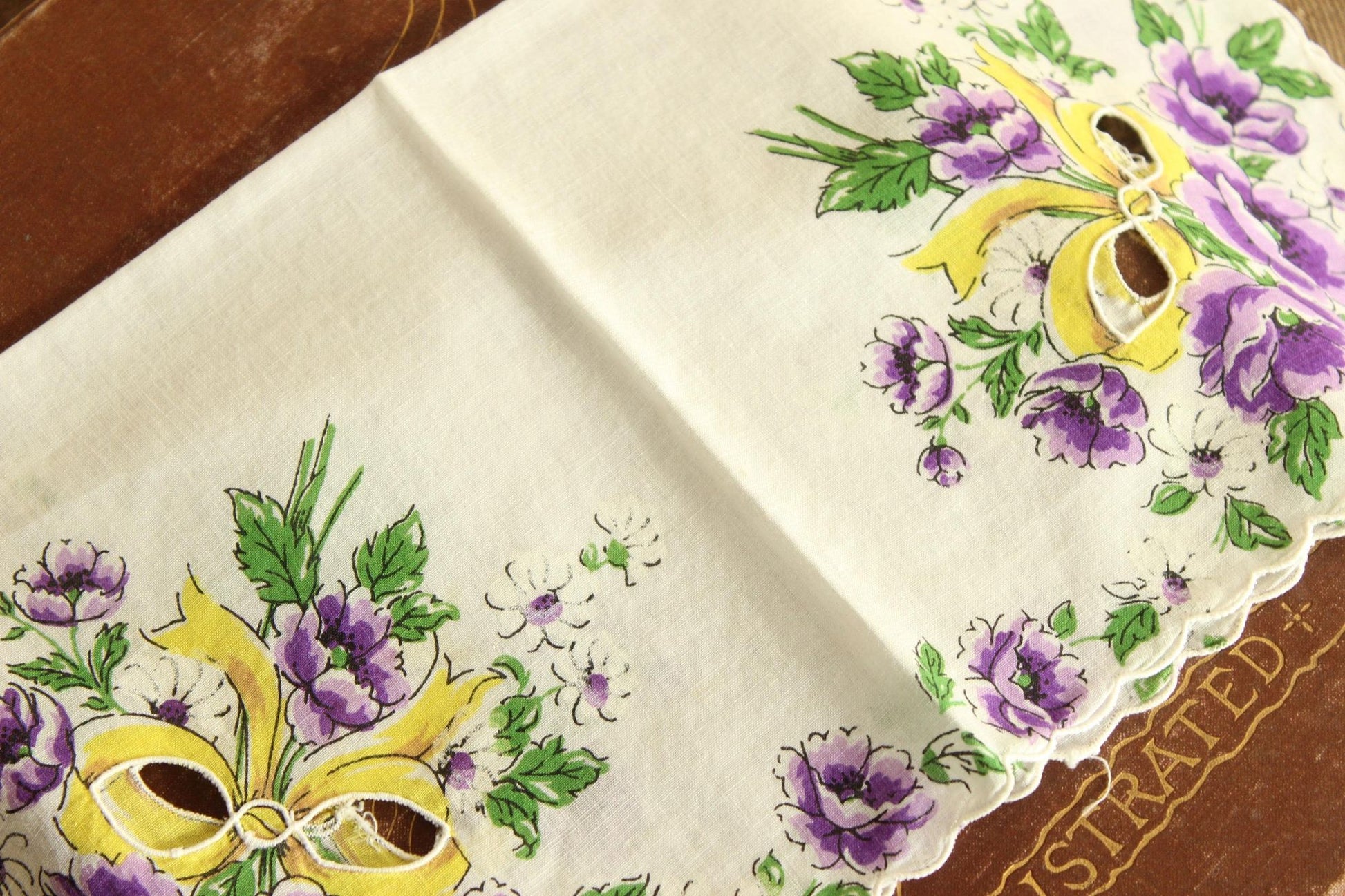 Vintage 1950s Purple Roses with Yellow Ribbon Handkerchief