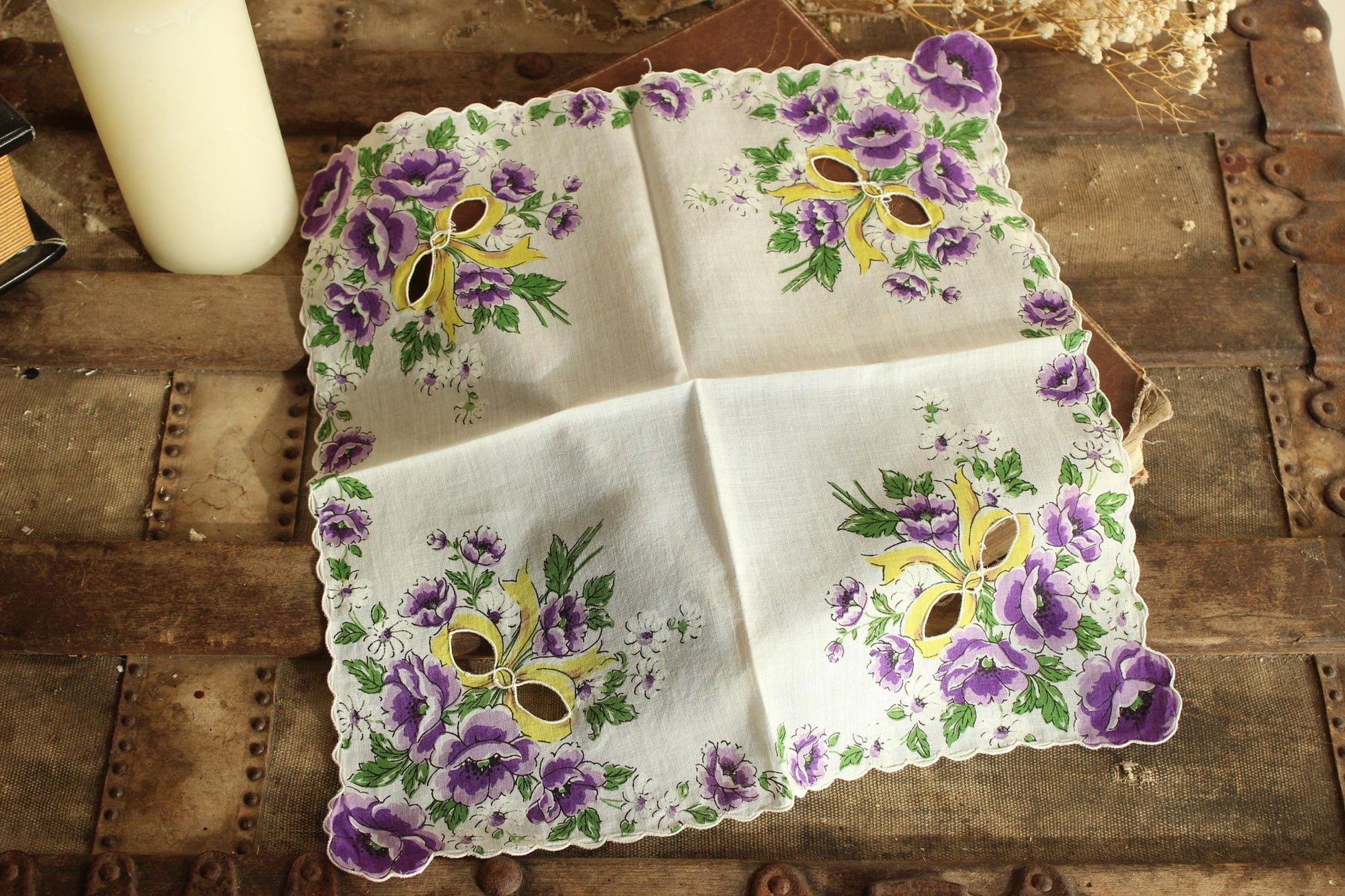Vintage 1950s Purple Roses with Yellow Ribbon Handkerchief