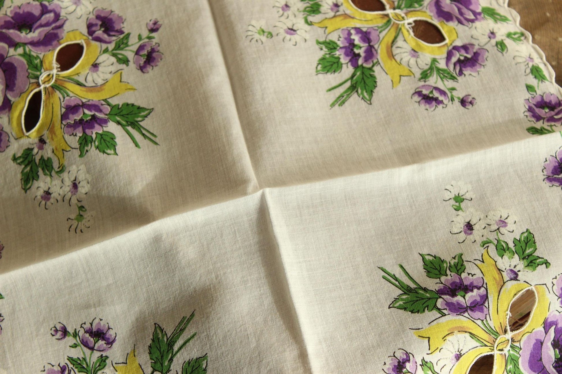 Vintage 1950s Purple Roses with Yellow Ribbon Handkerchief