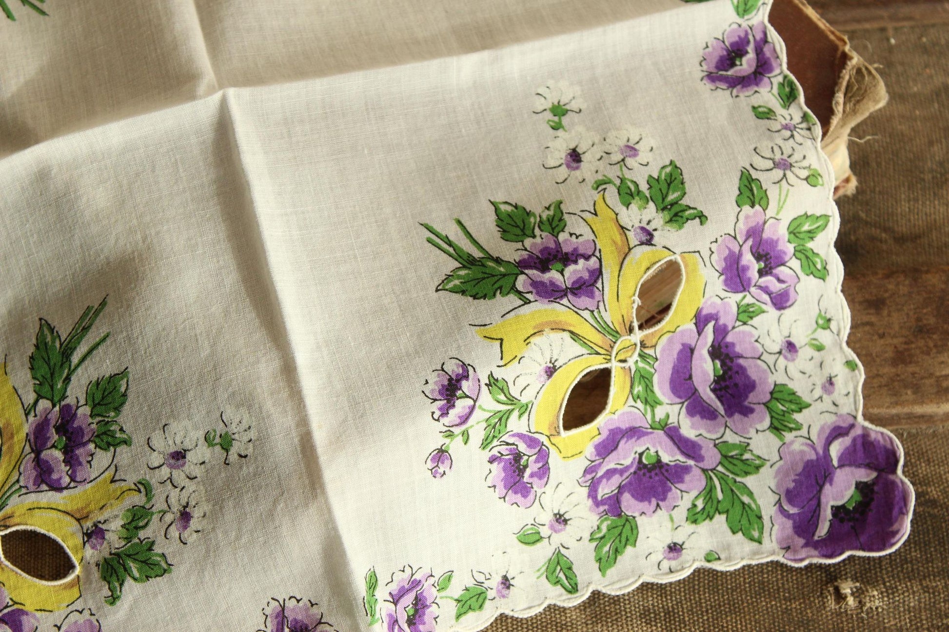 Vintage 1950s Purple Roses with Yellow Ribbon Handkerchief