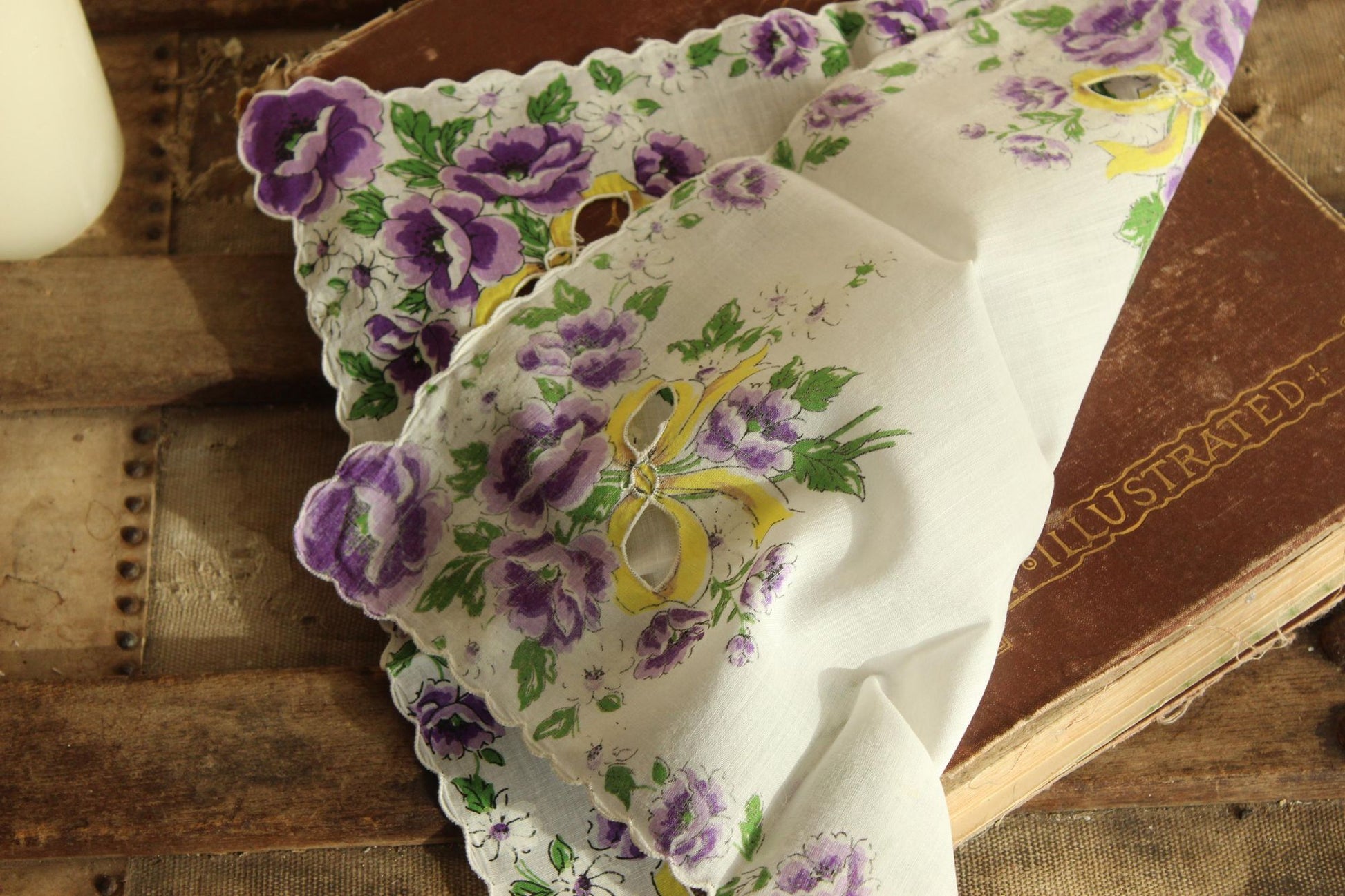 Vintage 1950s Purple Roses with Yellow Ribbon Handkerchief