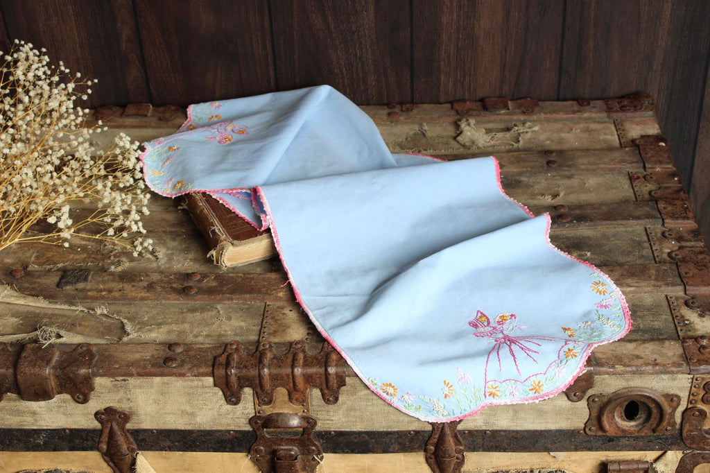 Vintage 1950s Blue Linen Table Runner with Embroidery
