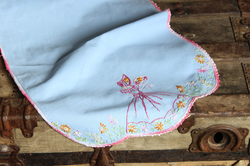 Vintage 1950s Blue Linen Table Runner with Embroidery