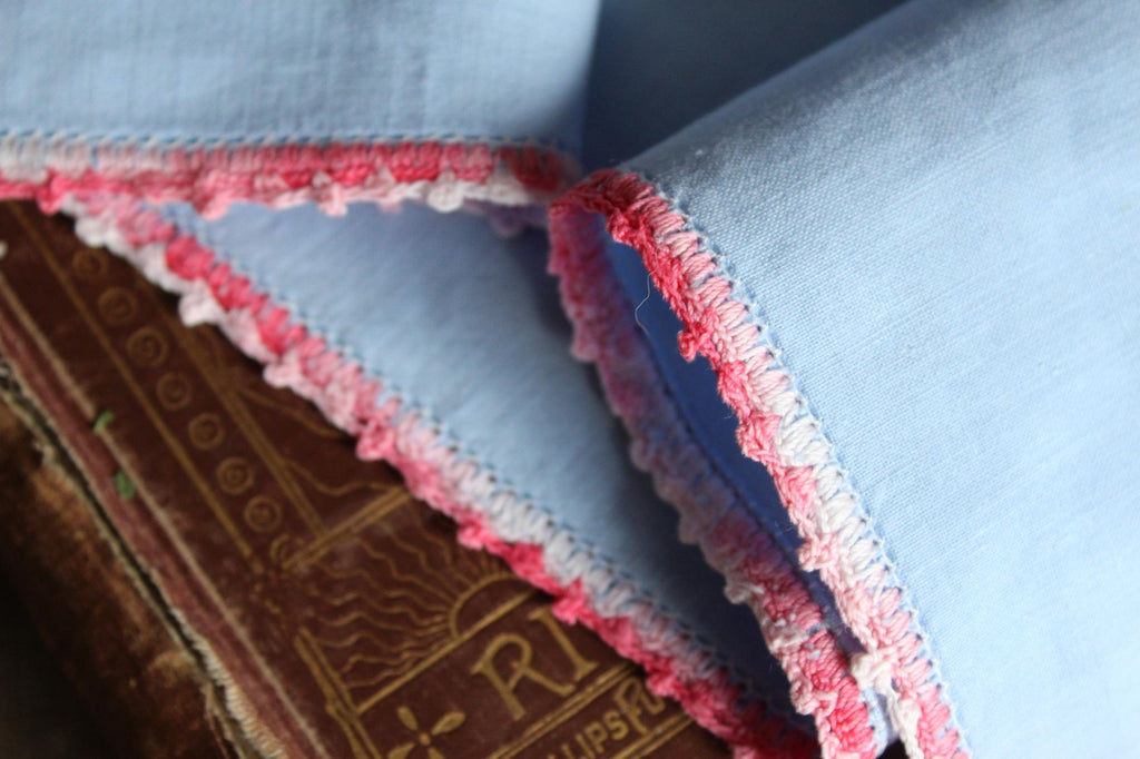 Vintage 1950s Blue Linen Table Runner with Embroidery