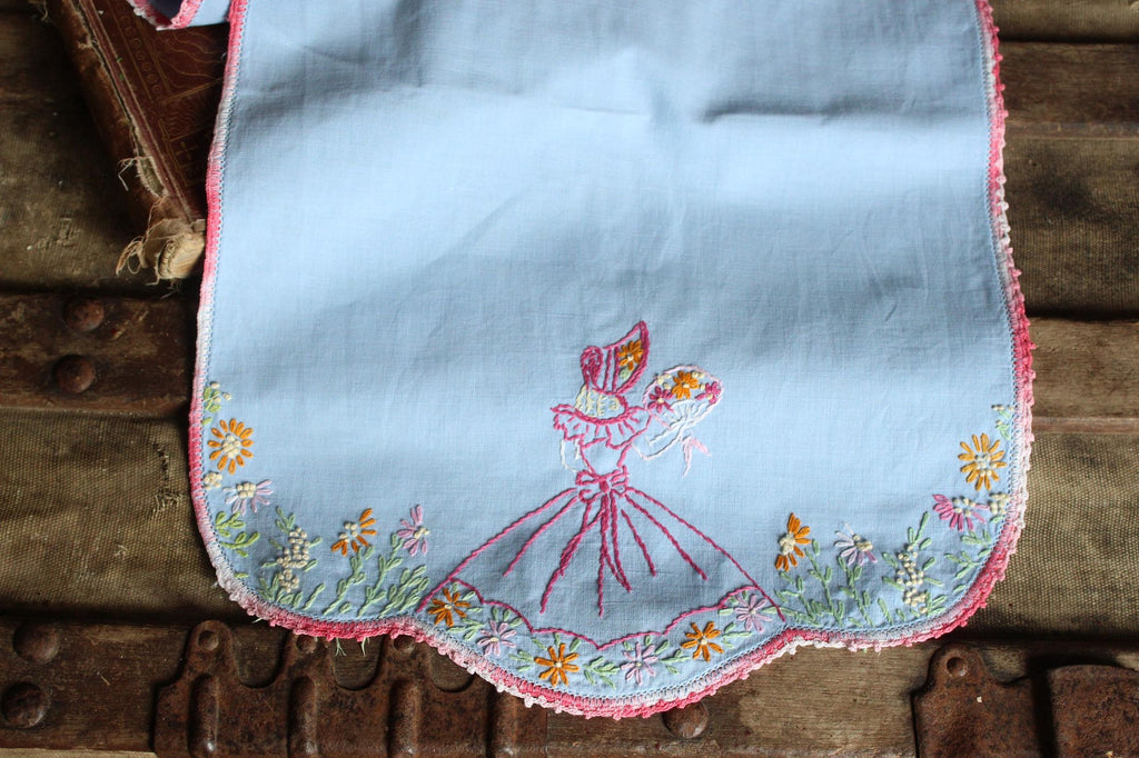 Vintage 1950s Blue Linen Table Runner with Embroidery