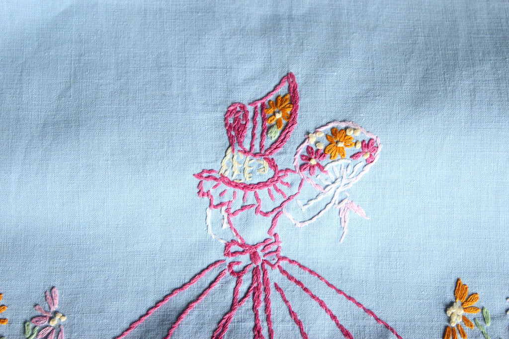 Vintage 1950s Blue Linen Table Runner with Embroidery