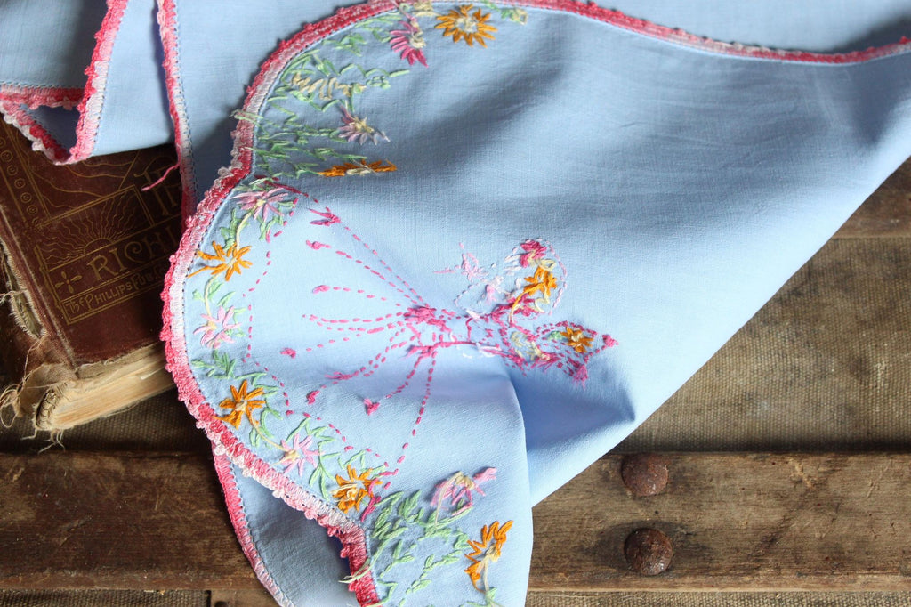 Vintage 1950s Blue Linen Table Runner with Embroidery