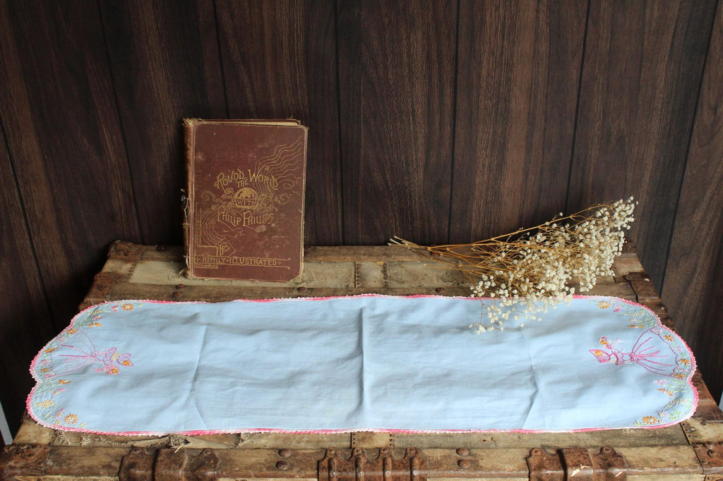 Vintage 1950s Blue Linen Table Runner with Embroidery