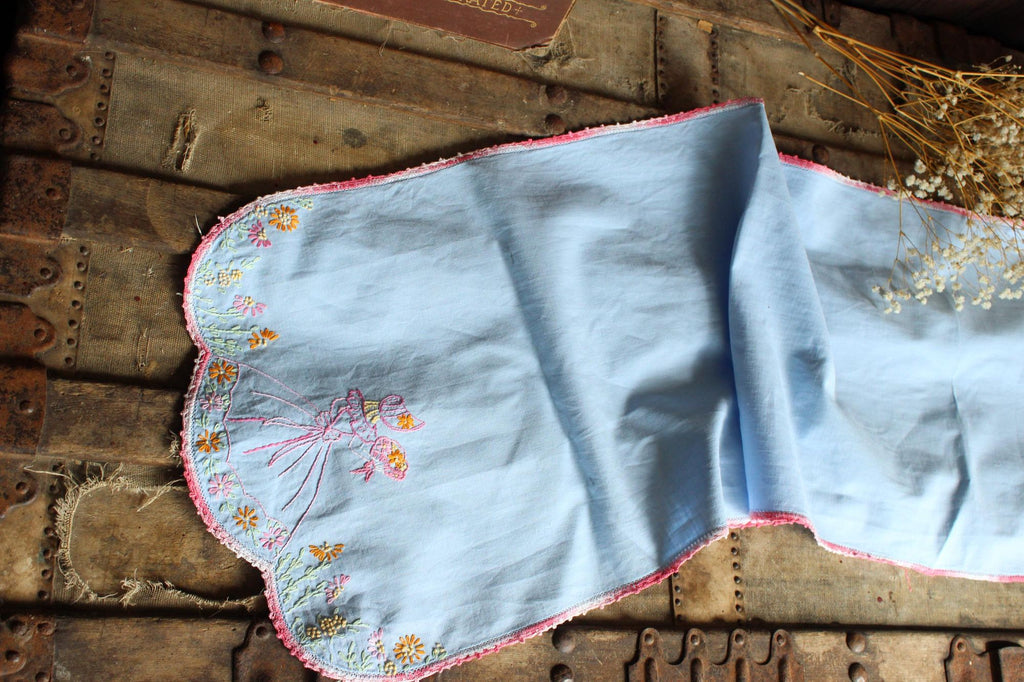 Vintage 1950s Blue Linen Table Runner with Embroidery