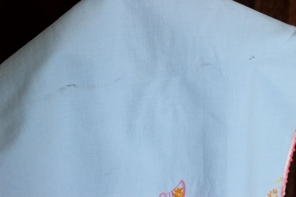 Vintage 1950s Blue Linen Table Runner with Embroidery