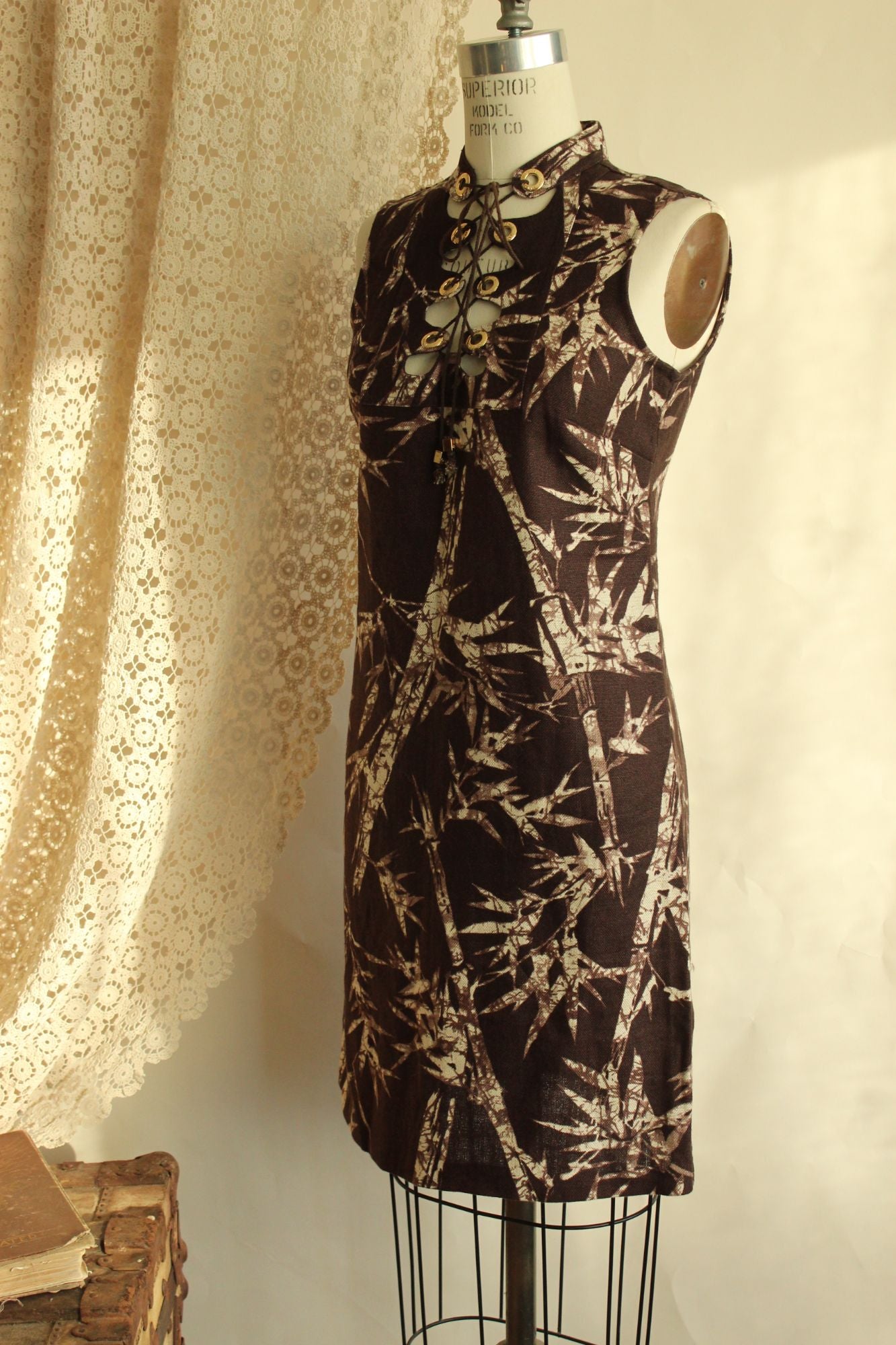 Michael Kors Sleeveless Brown Bamboo Print Lace-Up Dress Size 2