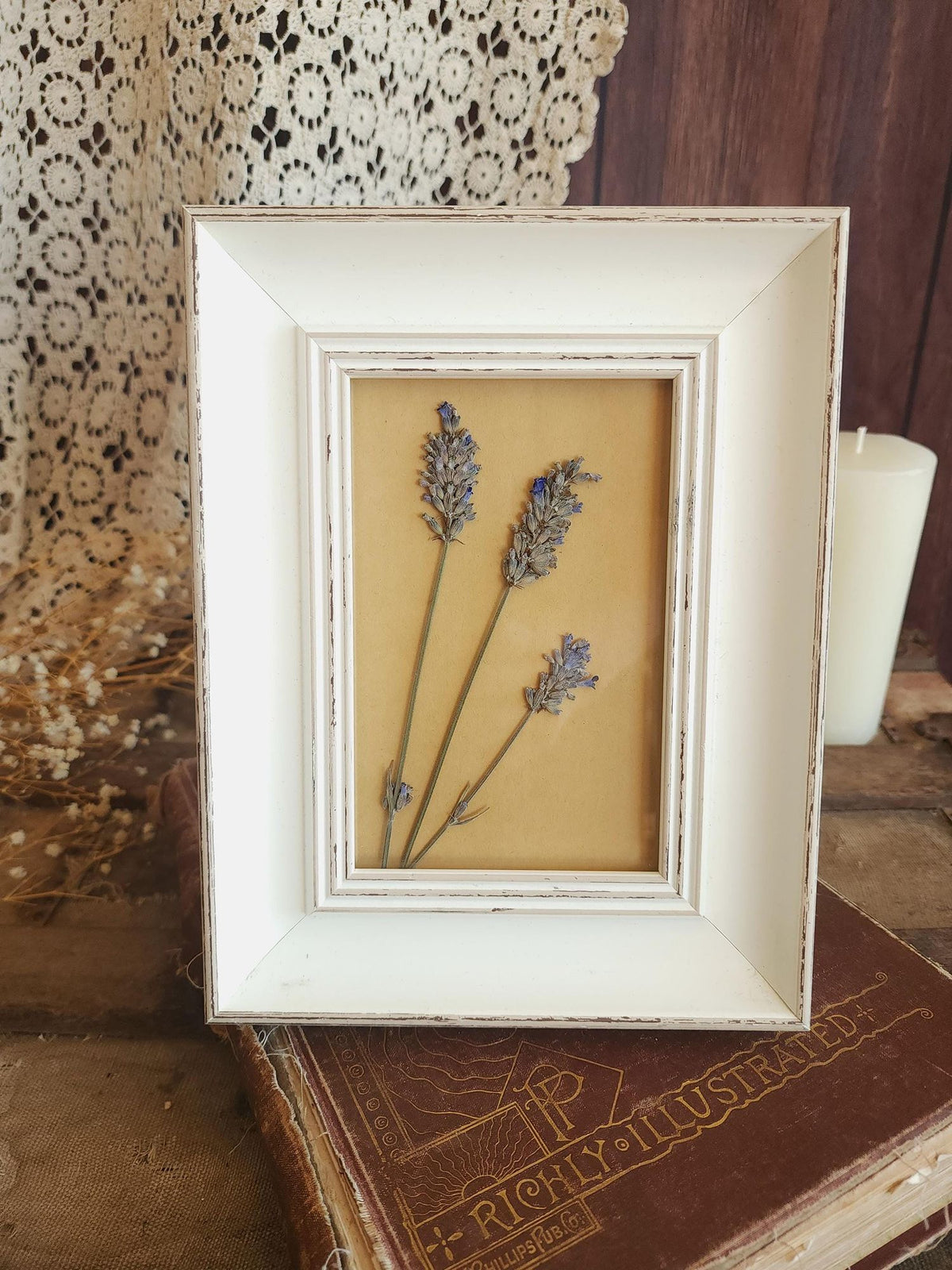 Framed Handmade Pressed Dried Lavender in White Wood Frame