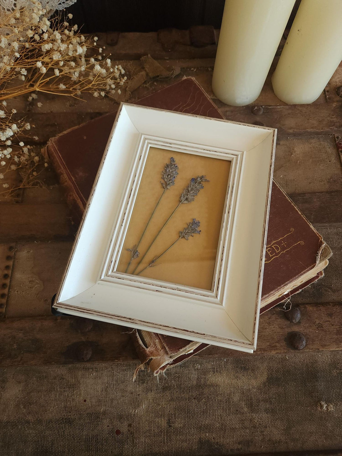 Framed Handmade Pressed Dried Lavender in White Wood Frame