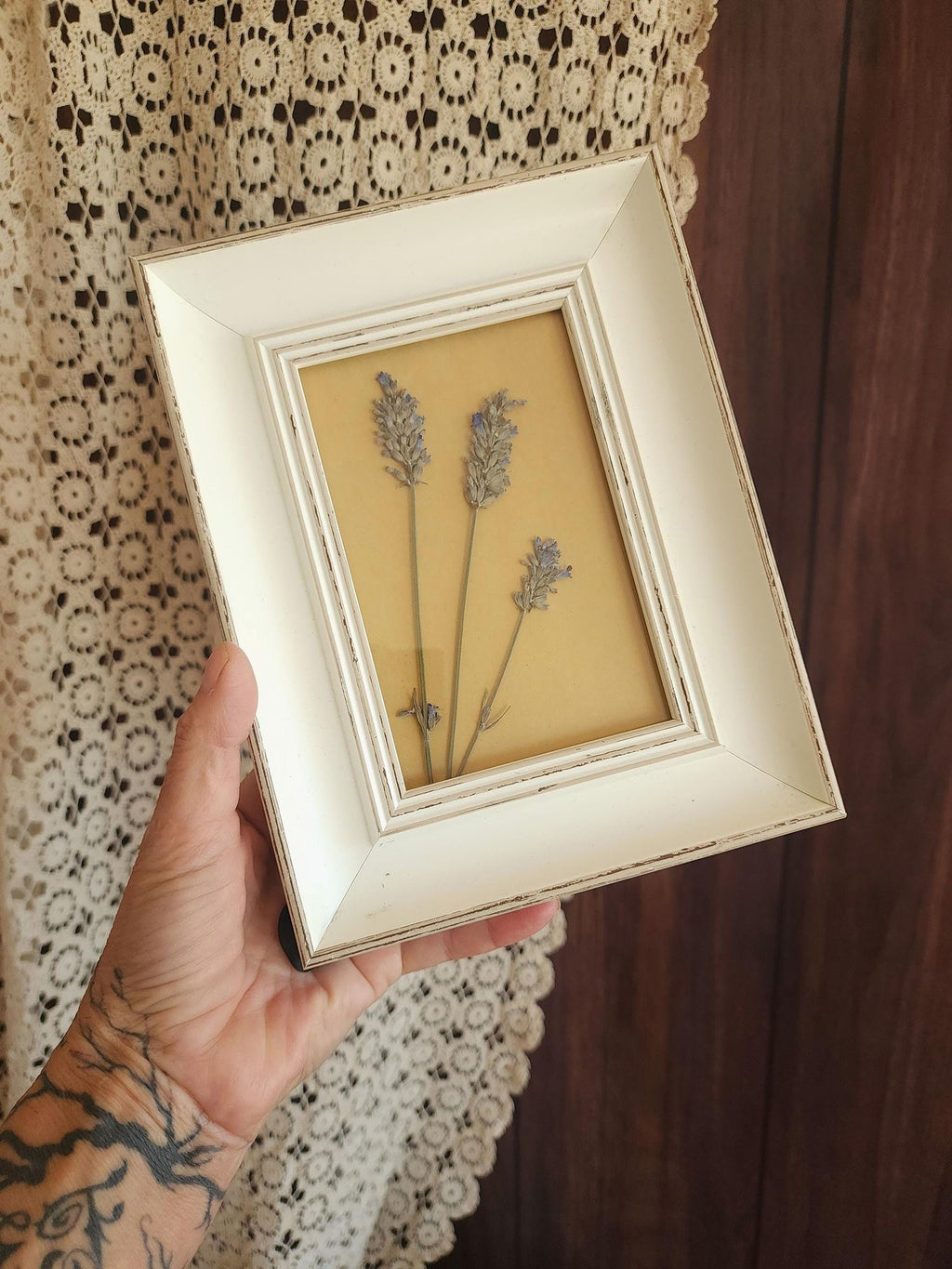 Framed Handmade Pressed Dried Lavender in White Wood Frame