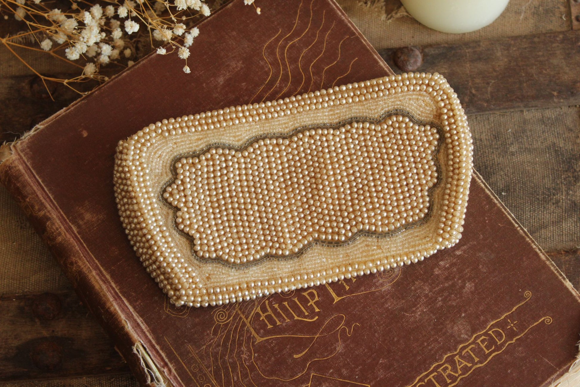 Vintage 1940s Beaded Clutch Purse Covered In Faux Pearls
