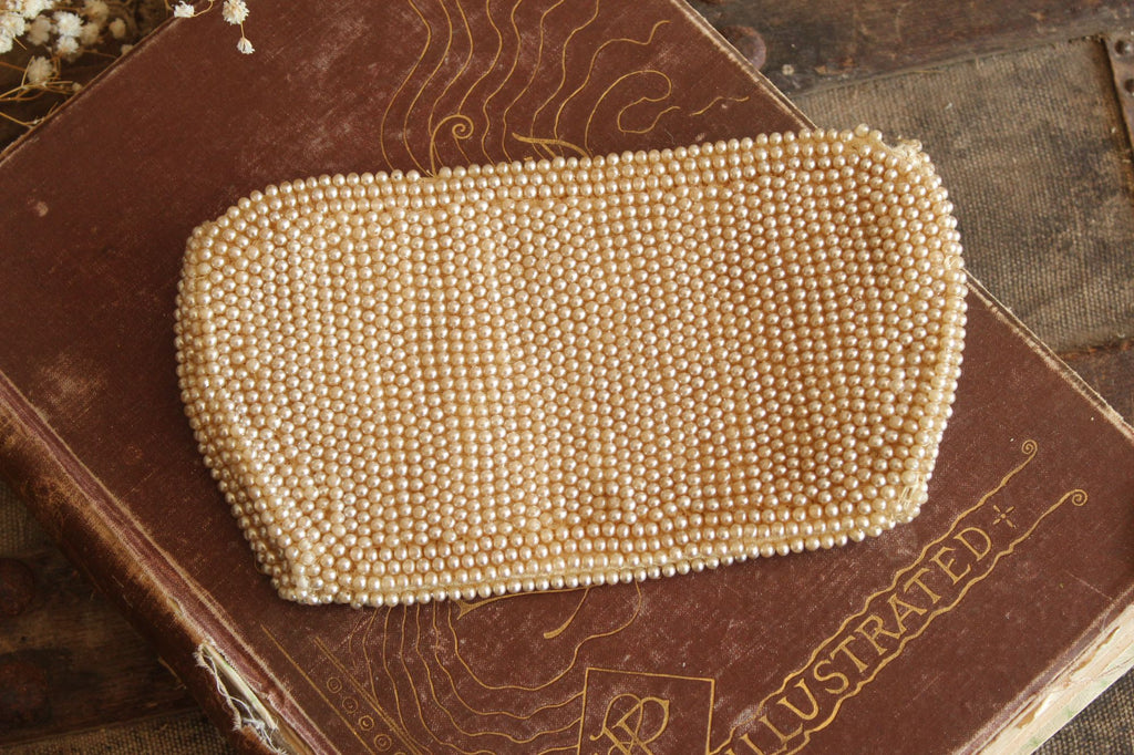 Vintage 1940s Beaded Clutch Purse Covered In Faux Pearls