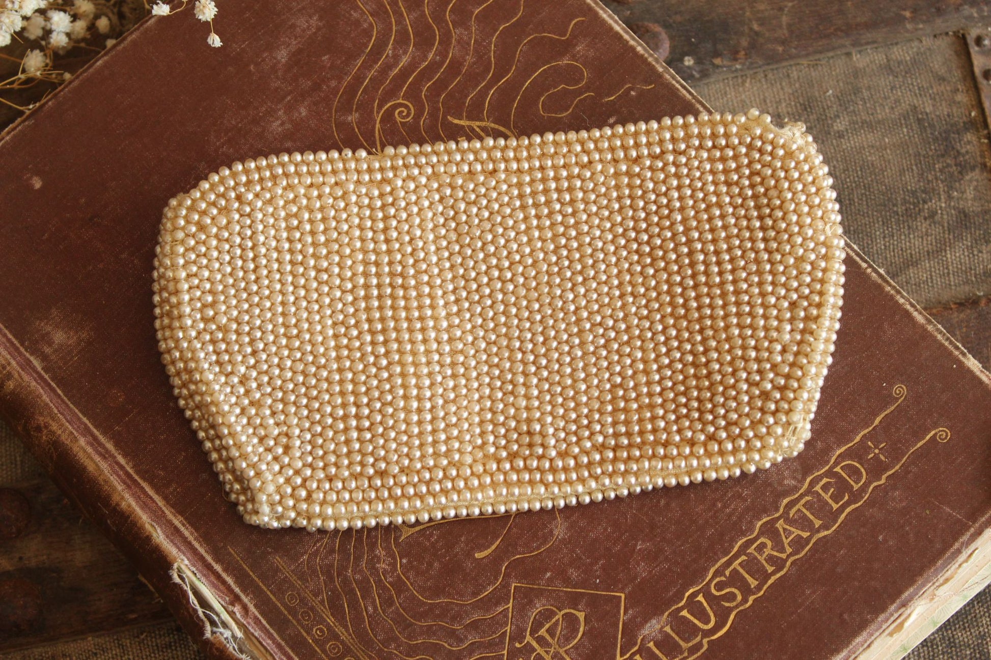 Vintage 1940s Beaded Clutch Purse Covered In Faux Pearls