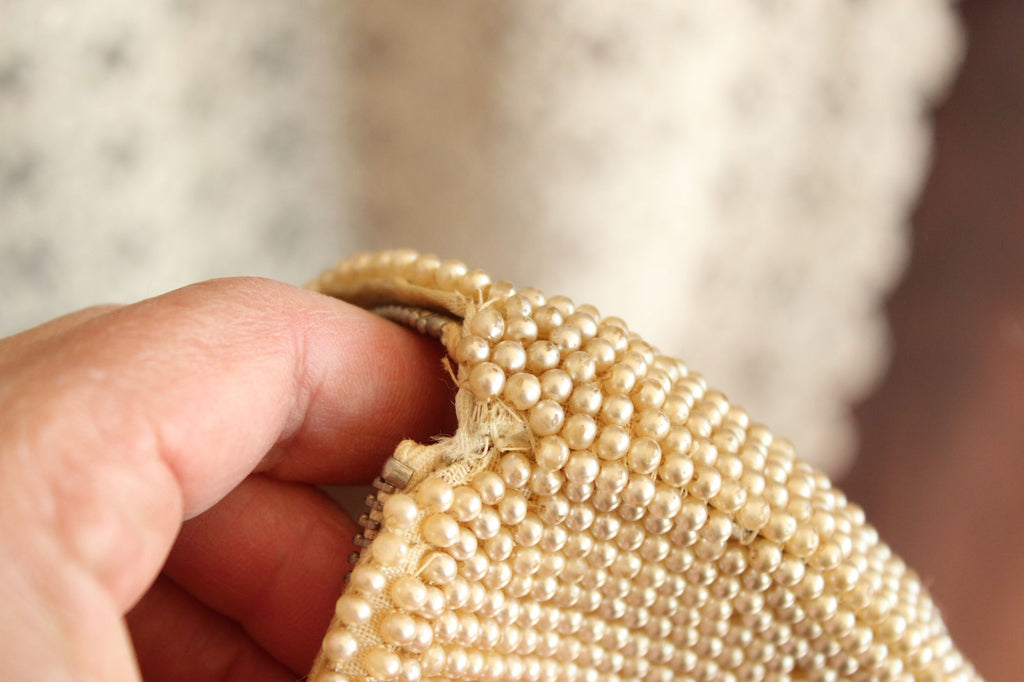 Vintage 1940s Beaded Clutch Purse Covered In Faux Pearls
