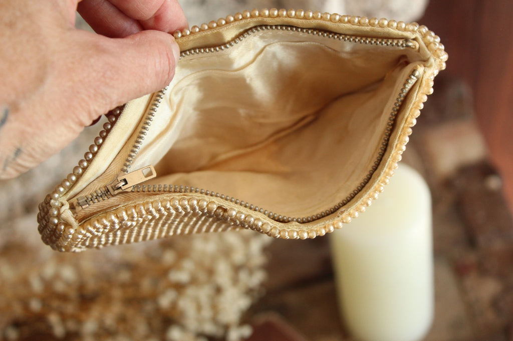 Vintage 1940s Beaded Clutch Purse Covered In Faux Pearls
