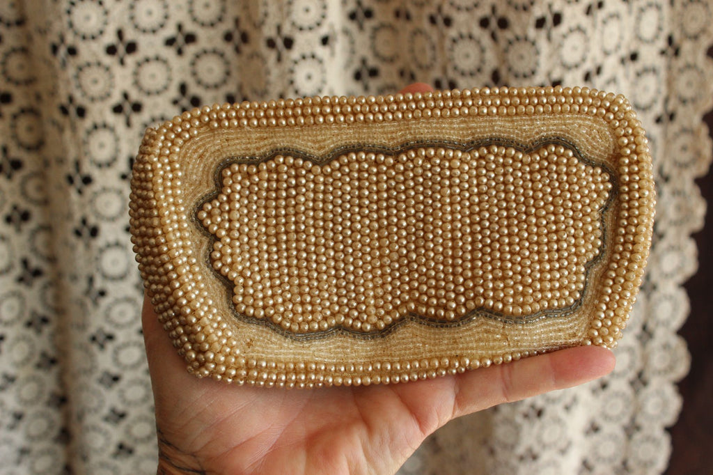 Vintage 1940s Beaded Clutch Purse Covered In Faux Pearls