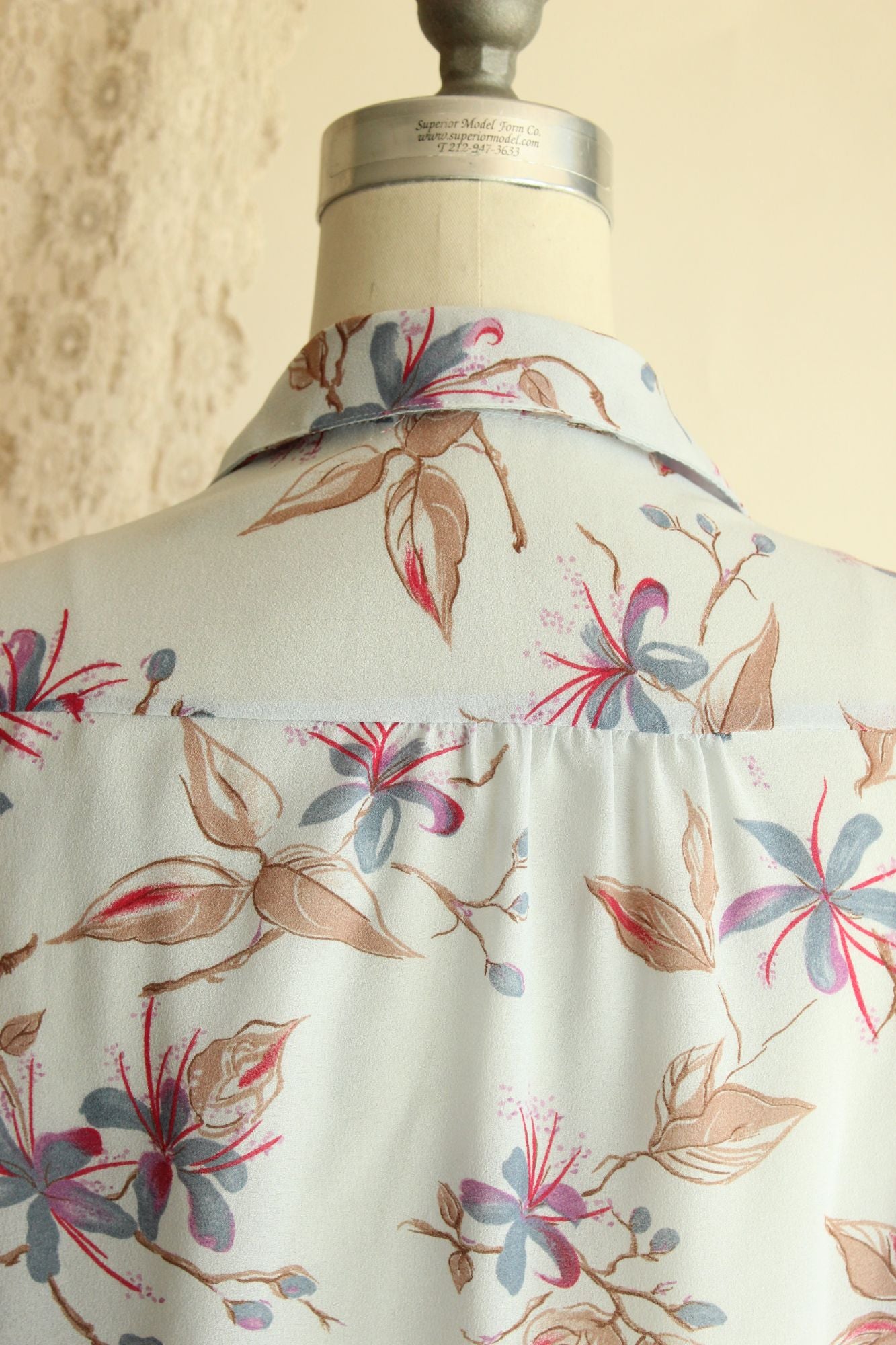 Vintage 1980s 1990s Pale Blue Gray Chiffon with a Floral Print Blouse