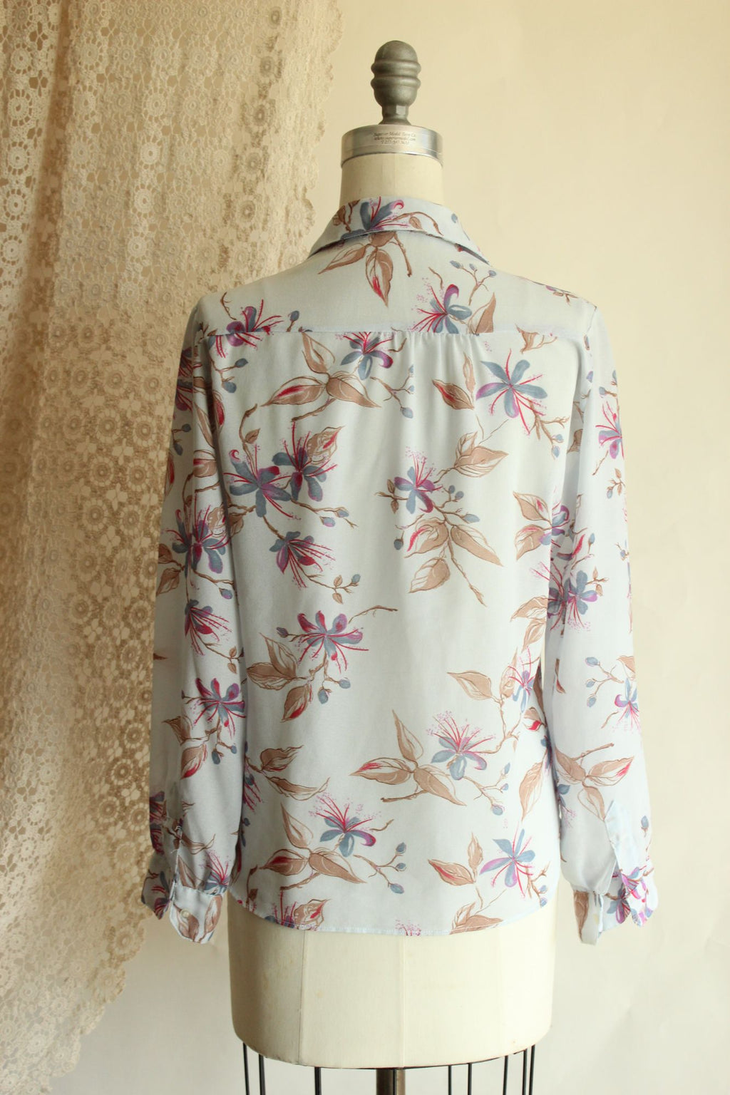 Vintage 1980s 1990s Pale Blue Gray Chiffon with a Floral Print Blouse