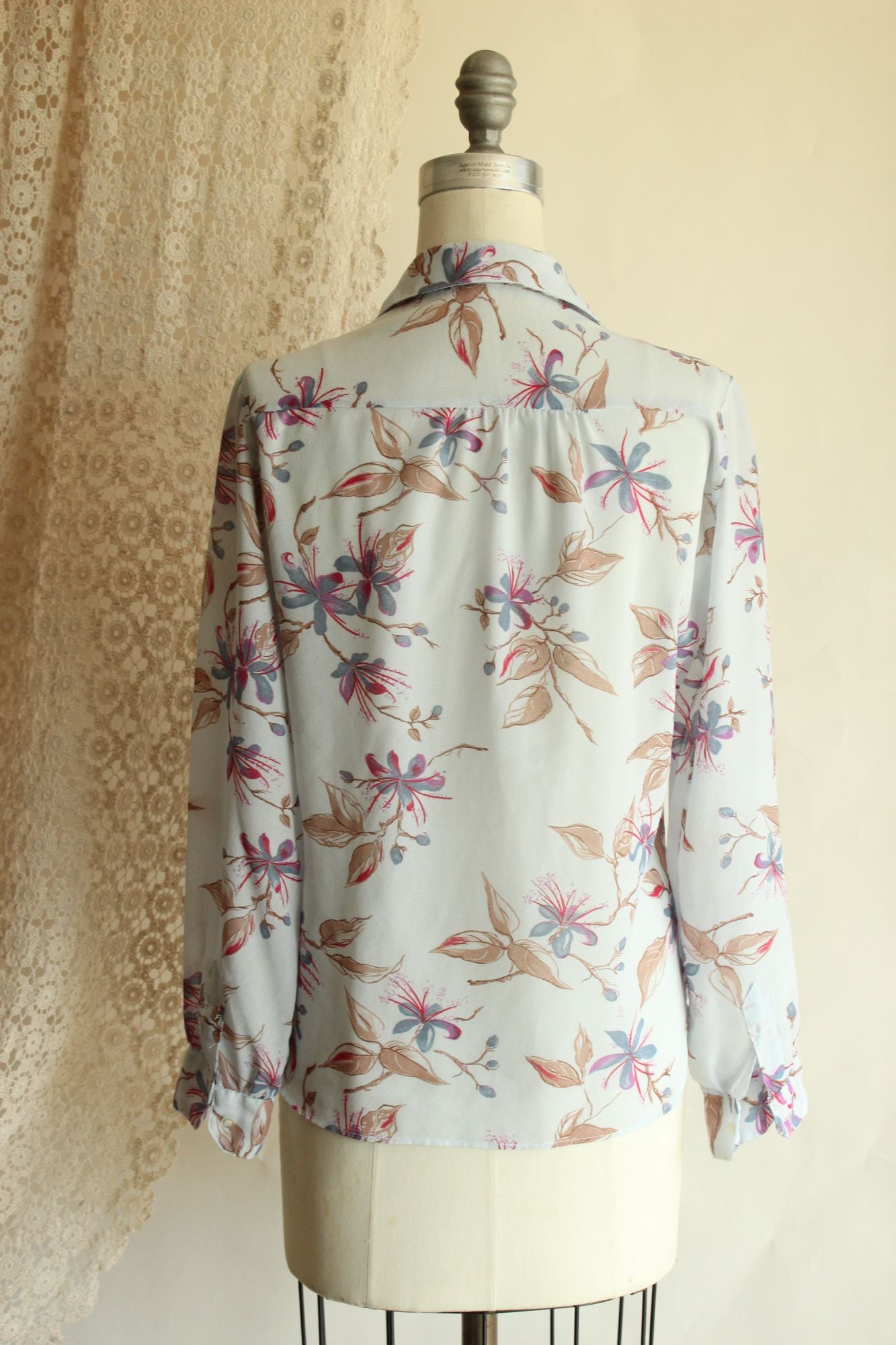 Vintage 1980s 1990s Pale Blue Gray Chiffon with a Floral Print Blouse