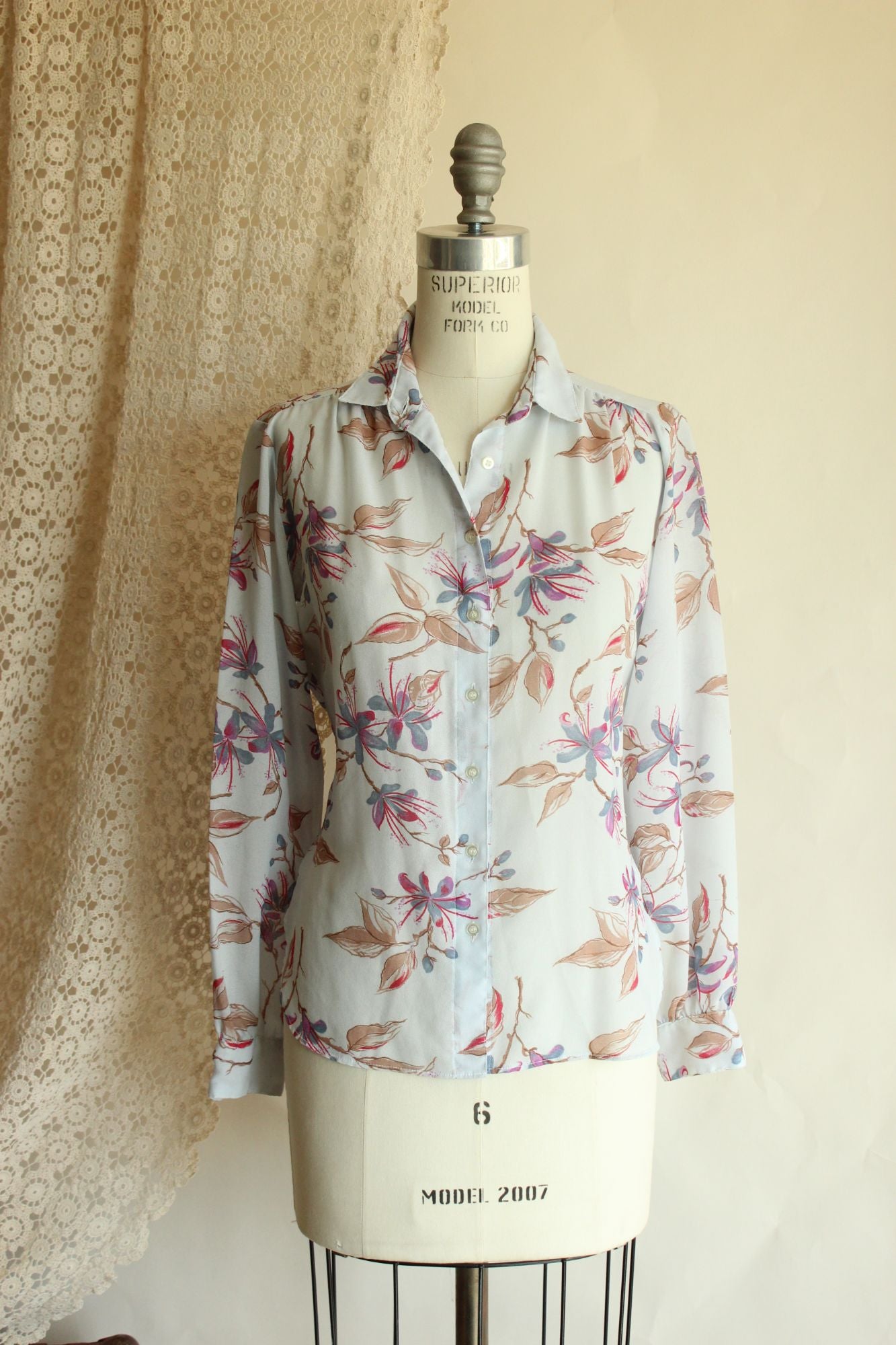 Vintage 1980s 1990s Pale Blue Gray Chiffon with a Floral Print Blouse