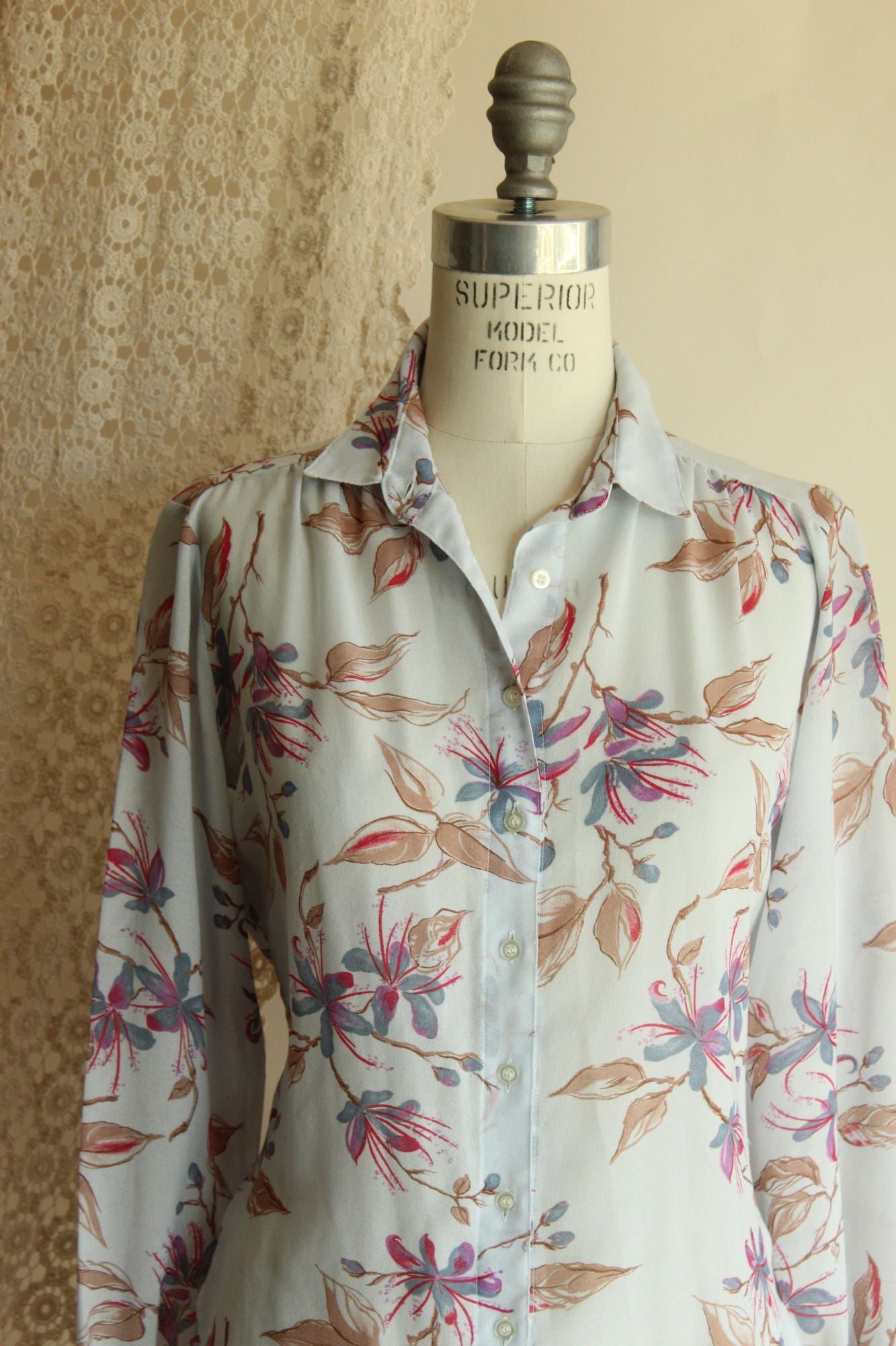 Vintage 1980s 1990s Pale Blue Gray Chiffon with a Floral Print Blouse