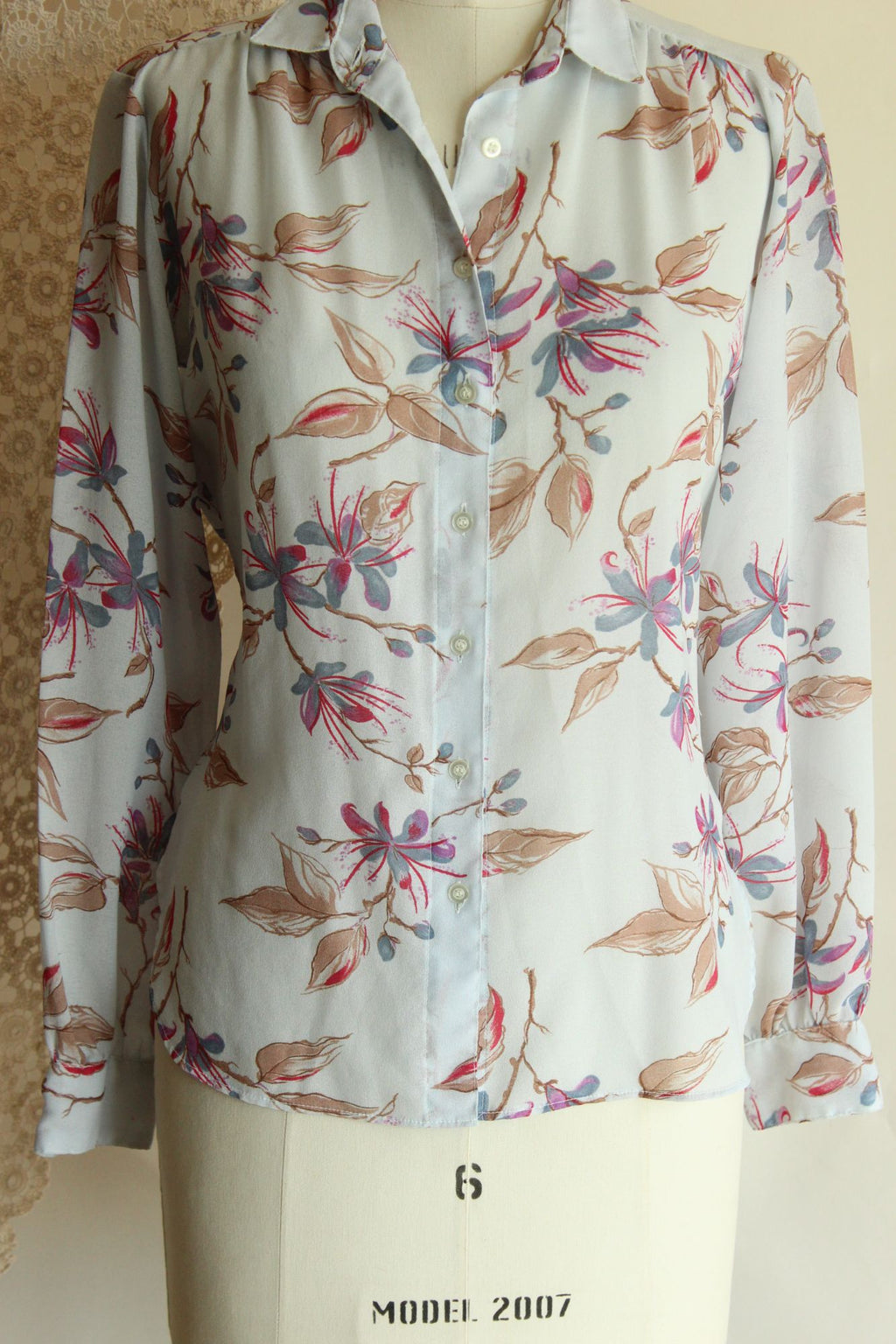 Vintage 1980s 1990s Pale Blue Gray Chiffon with a Floral Print Blouse