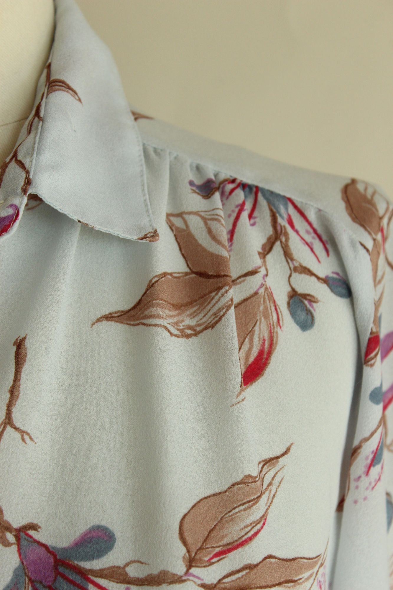 Vintage 1980s 1990s Pale Blue Gray Chiffon with a Floral Print Blouse