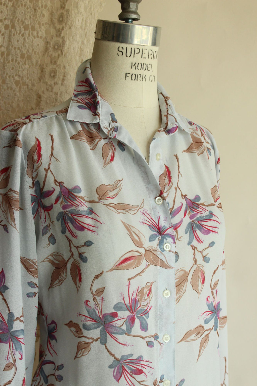Vintage 1980s 1990s Pale Blue Gray Chiffon with a Floral Print Blouse