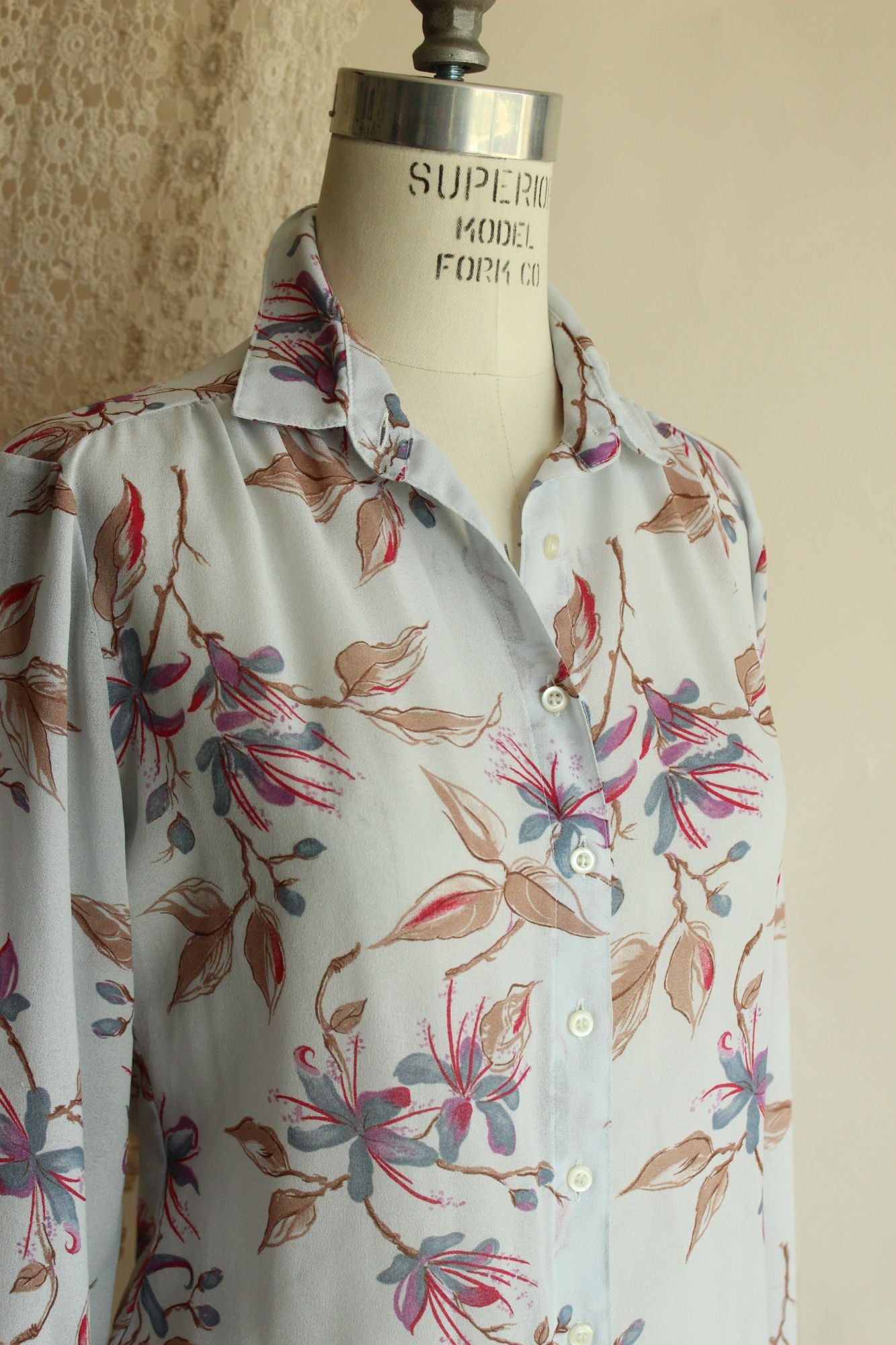 Vintage 1980s 1990s Pale Blue Gray Chiffon with a Floral Print Blouse