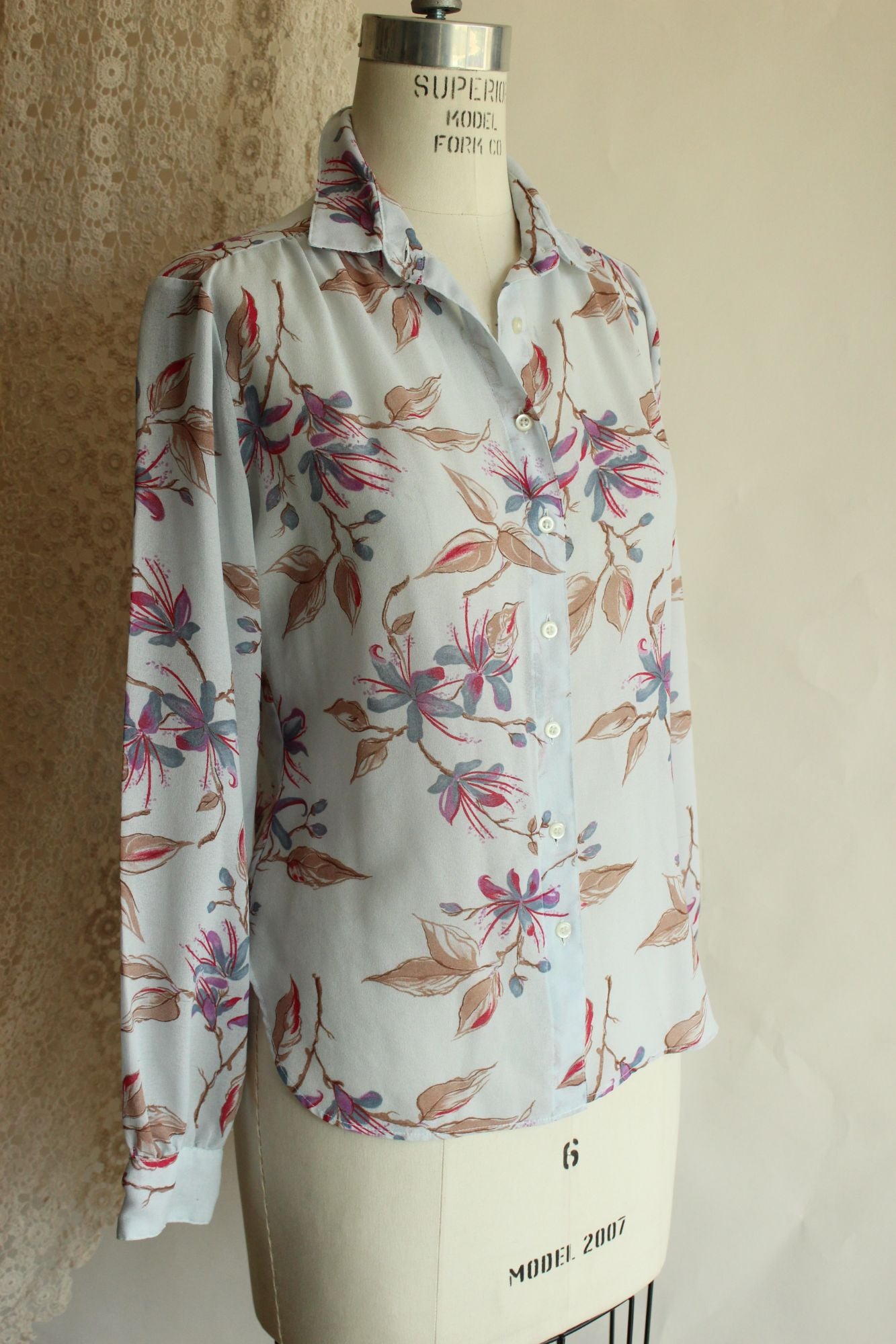 Vintage 1980s 1990s Pale Blue Gray Chiffon with a Floral Print Blouse