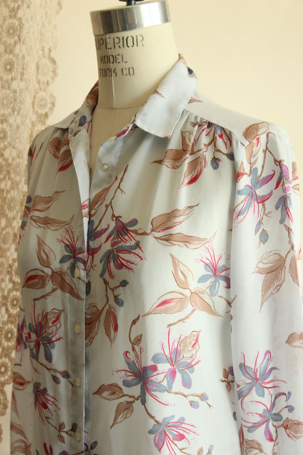 Vintage 1980s 1990s Pale Blue Gray Chiffon with a Floral Print Blouse