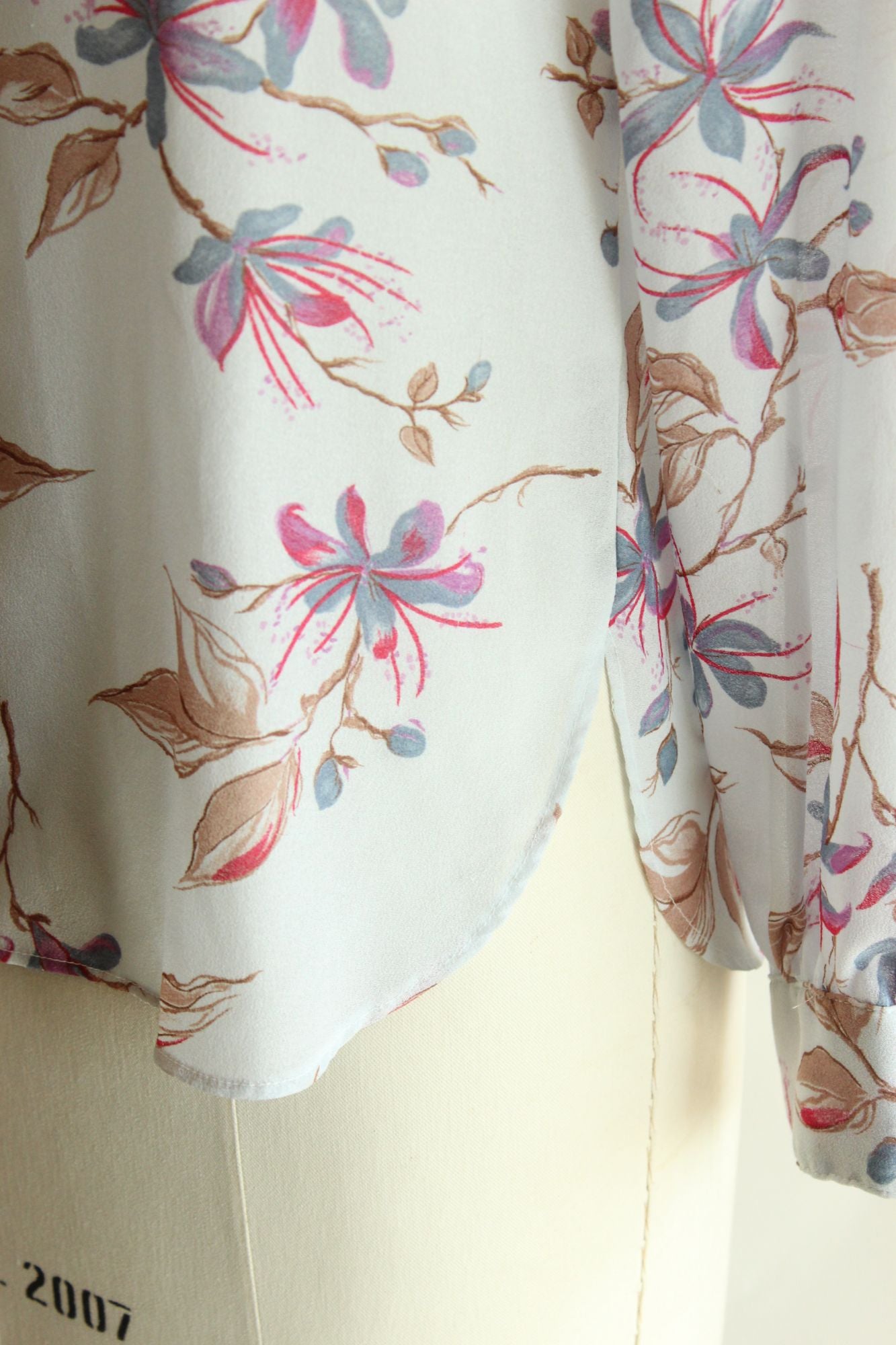 Vintage 1980s 1990s Pale Blue Gray Chiffon with a Floral Print Blouse